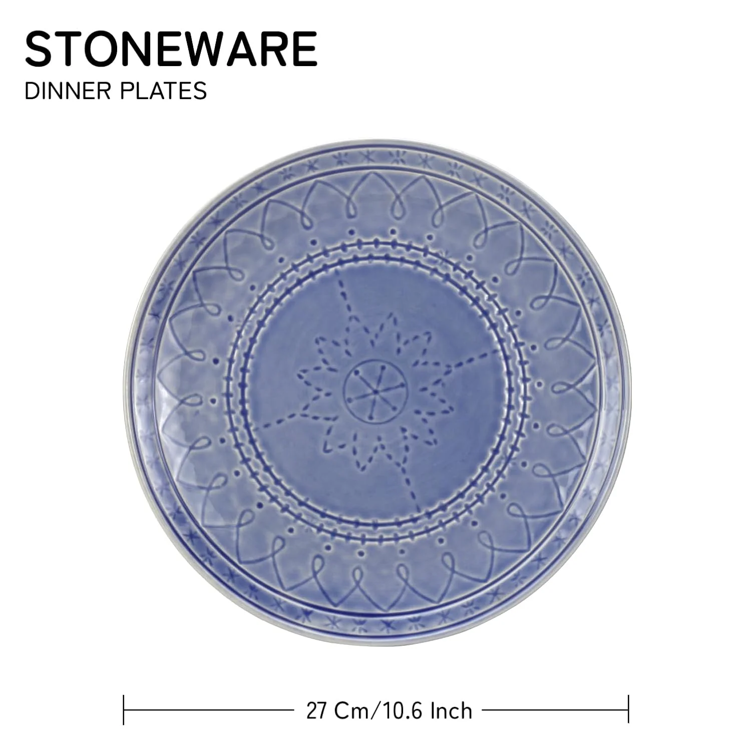 Ceramic Hand Glazed Large Embossed Dinner Plates Set Of 6 - 10.6 Inch, Mist Blue | Handcrafted Stoneware - Microwave Safe & Dishwasher Safe - Image 4