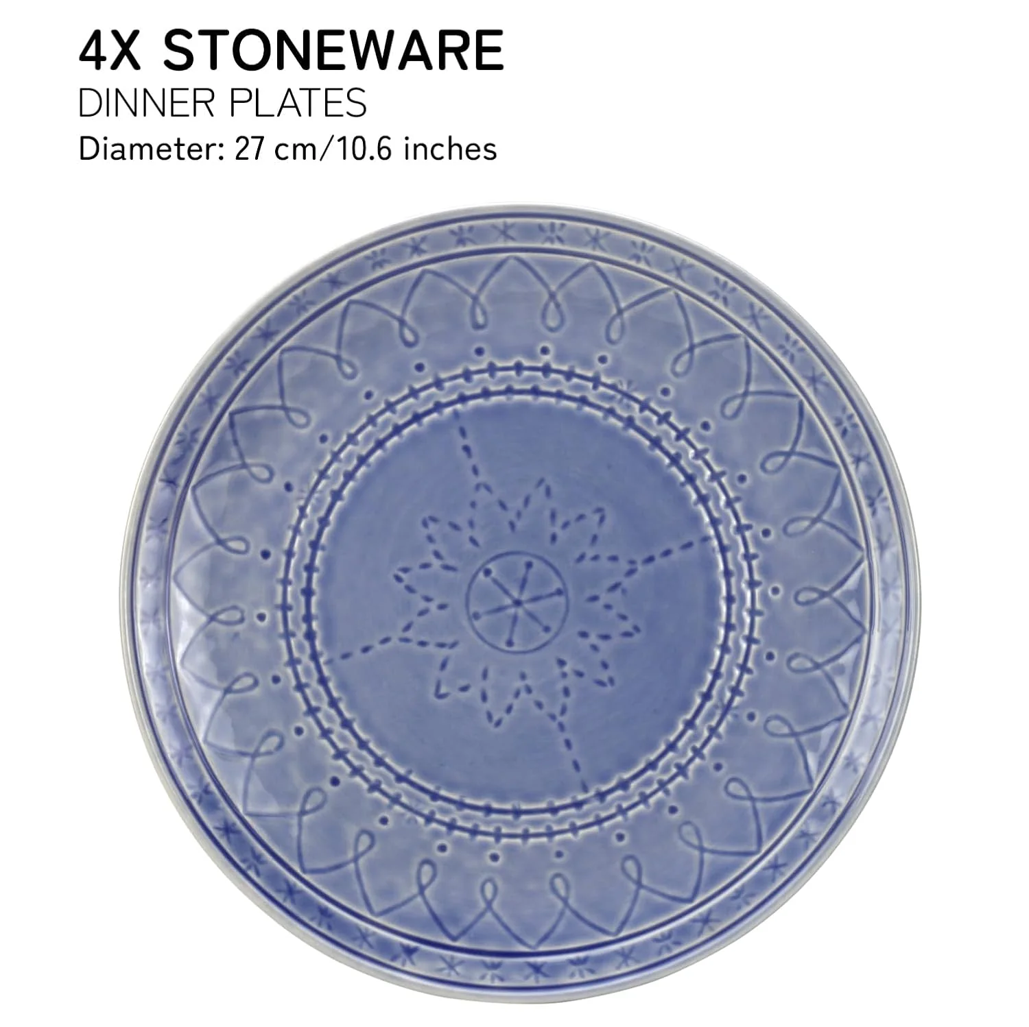 Ceramic Hand Glazed Stoneware Embossed Large Dinner Plates Set Of 4 - 10.6 Inch, Mist Blue | Microwave Safe & Dishwasher Safe - Full Plate Set - Image 4