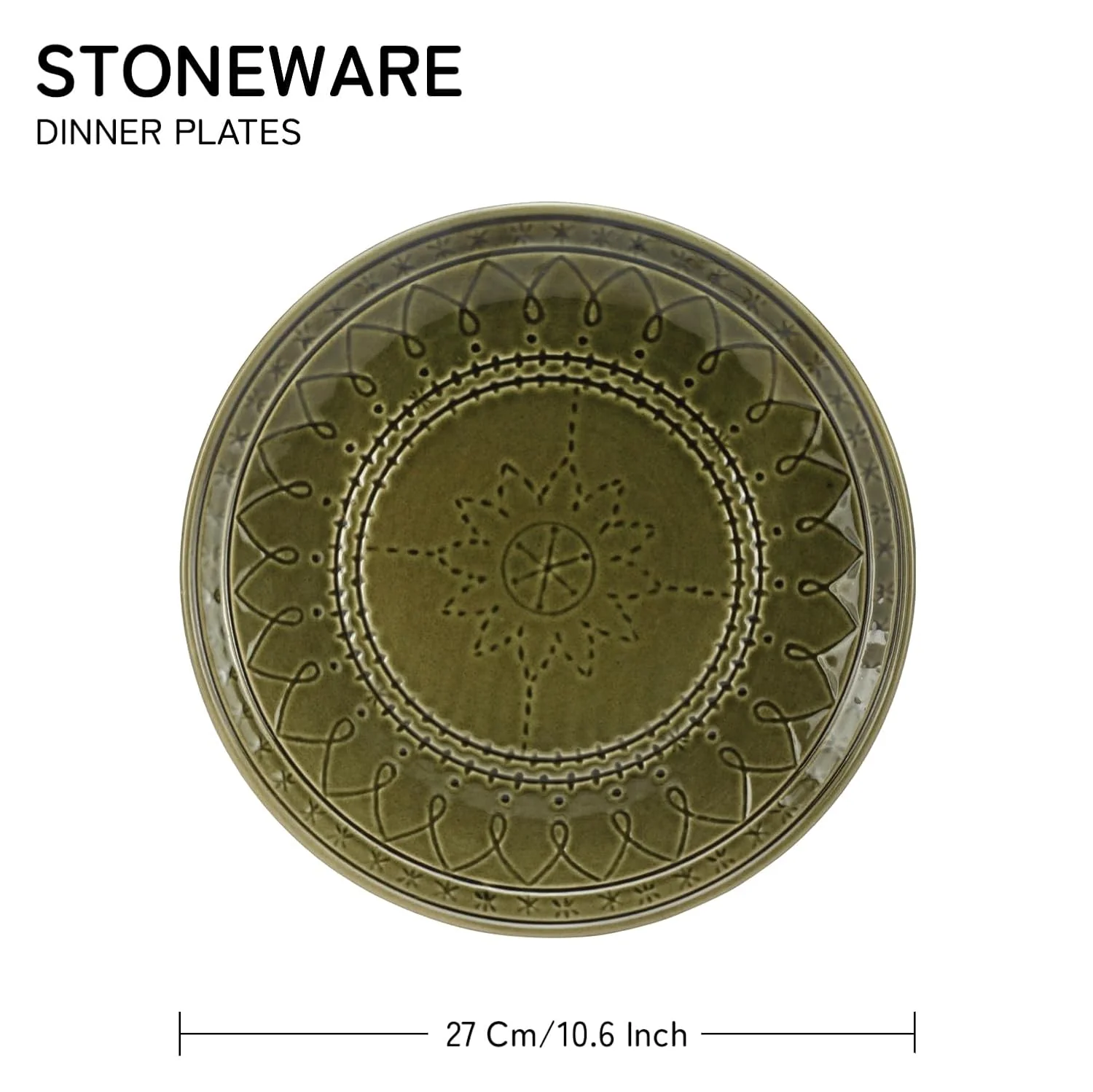 Ceramic Hand Glazed Stoneware Embossed Large Dinner Plates Set Of 4 - 10.6 Inch, Moss Green | Microwave Safe & Dishwasher Safe - Image 3