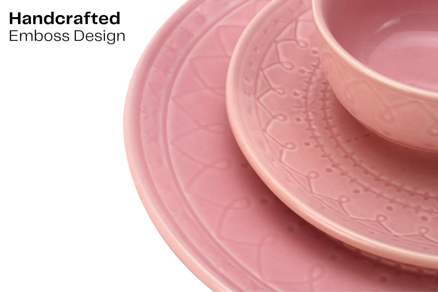 Ceramic Hand Glazed Stoneware Embossed Small Plates Set Of 4 - 7.4 Inch, Light Pink | Microwave Safe & Dishwasher Safe – Handcrafted Quarter Plates Set - Image 2