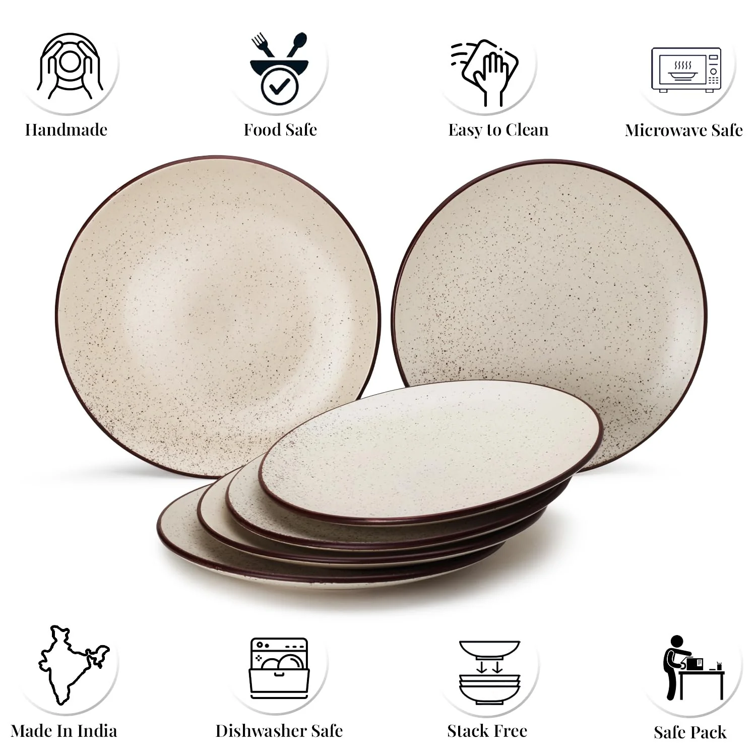 Ceramic Hand Glazed Stoneware Large Dinner Plates Set Of 6 - 10.6 Inch, Beige Speckled | Microwave Safe & Dishwasher Safe - Handcrafted Dinner Plates - Image 3