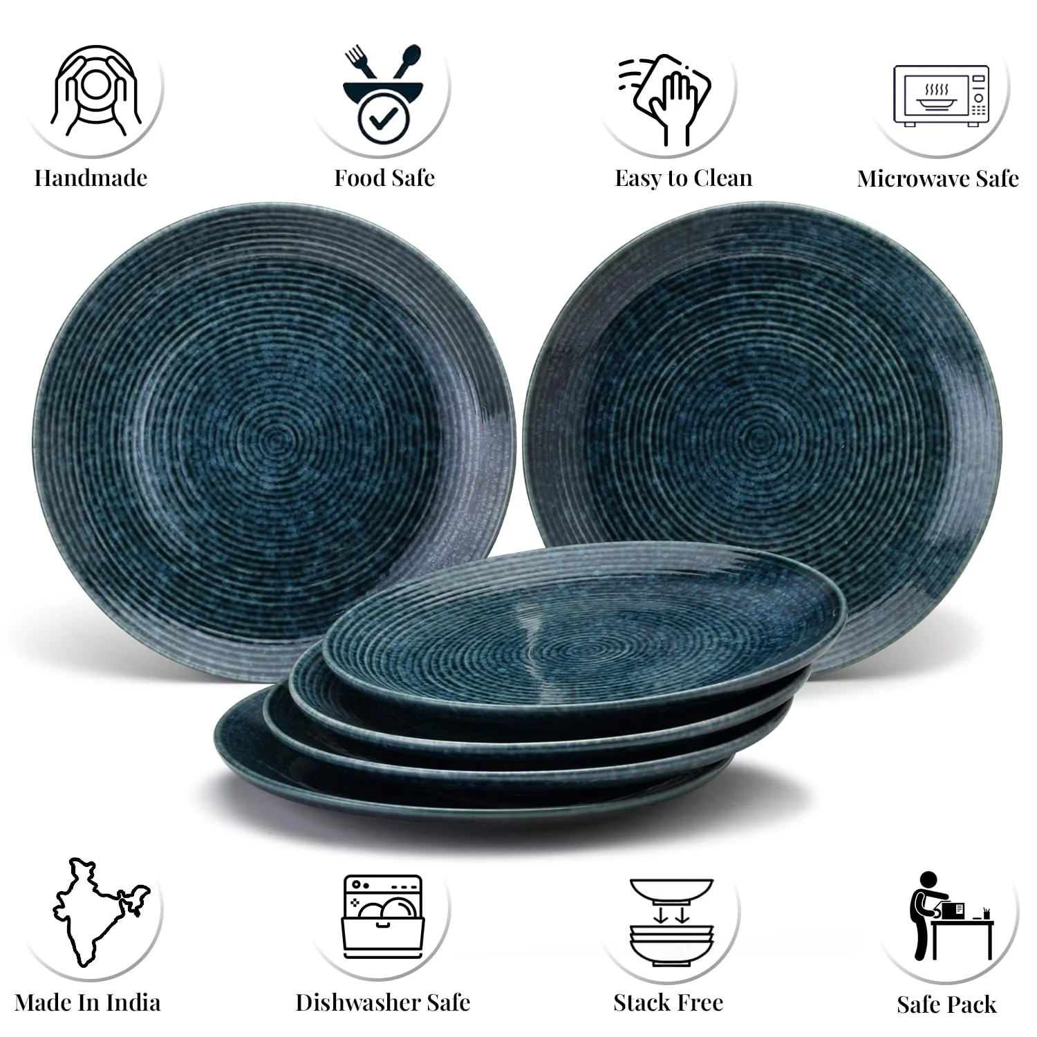 Ceramic Hand Glazed Stoneware Large Dinner Plates Set Of 6 - 10.6 Inch, Peacock Green | Microwave Safe & Dishwasher Safe - Handcrafted Dinner Plates - Image 4