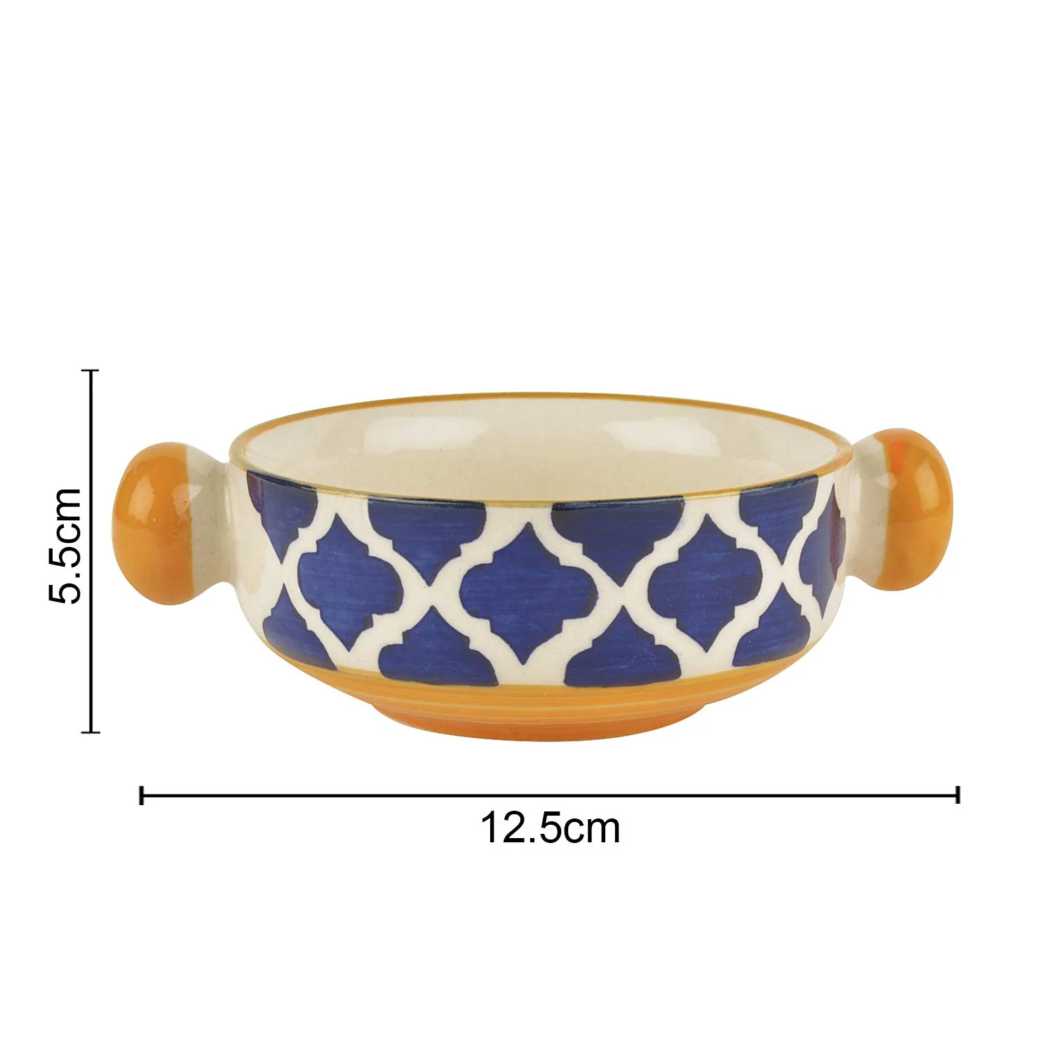 Ceramic Hand Painted Mughal Design Soup Bowls With Handle Set Of 6 - 300ml Each, Blue & Yellow | Ceramic Maggi Bowls - Cereal Bowls - Image 5