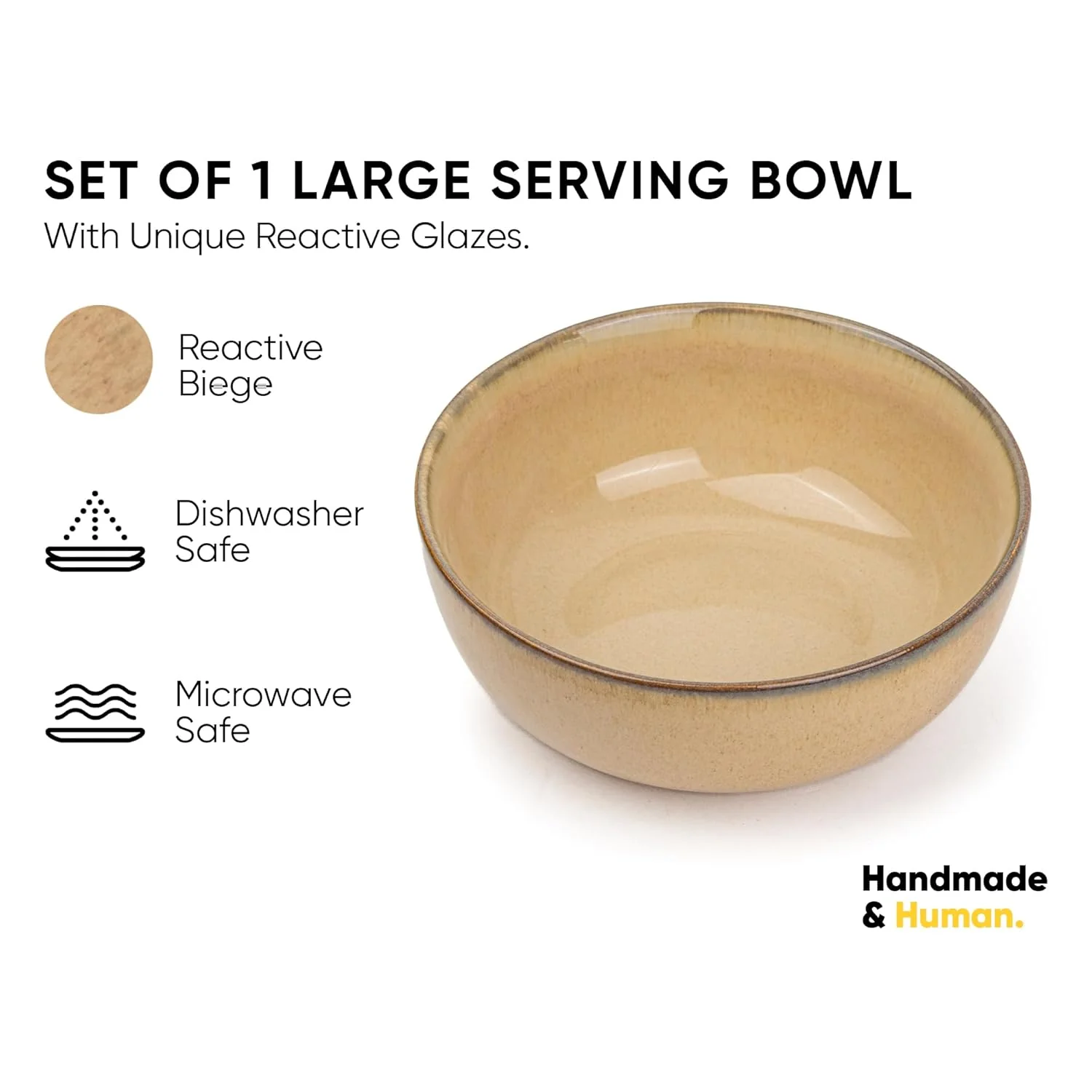 Ceramic Large Bowl, 1500ml - 21cm, 1 Piece, Beige Reactive | Stoneware Ceramic Serving Bowls - Ceramic Bowl With Glossy Finish | Pasta Serving Bowl - Microwave Safe & Dishwasher Safe - Image 2