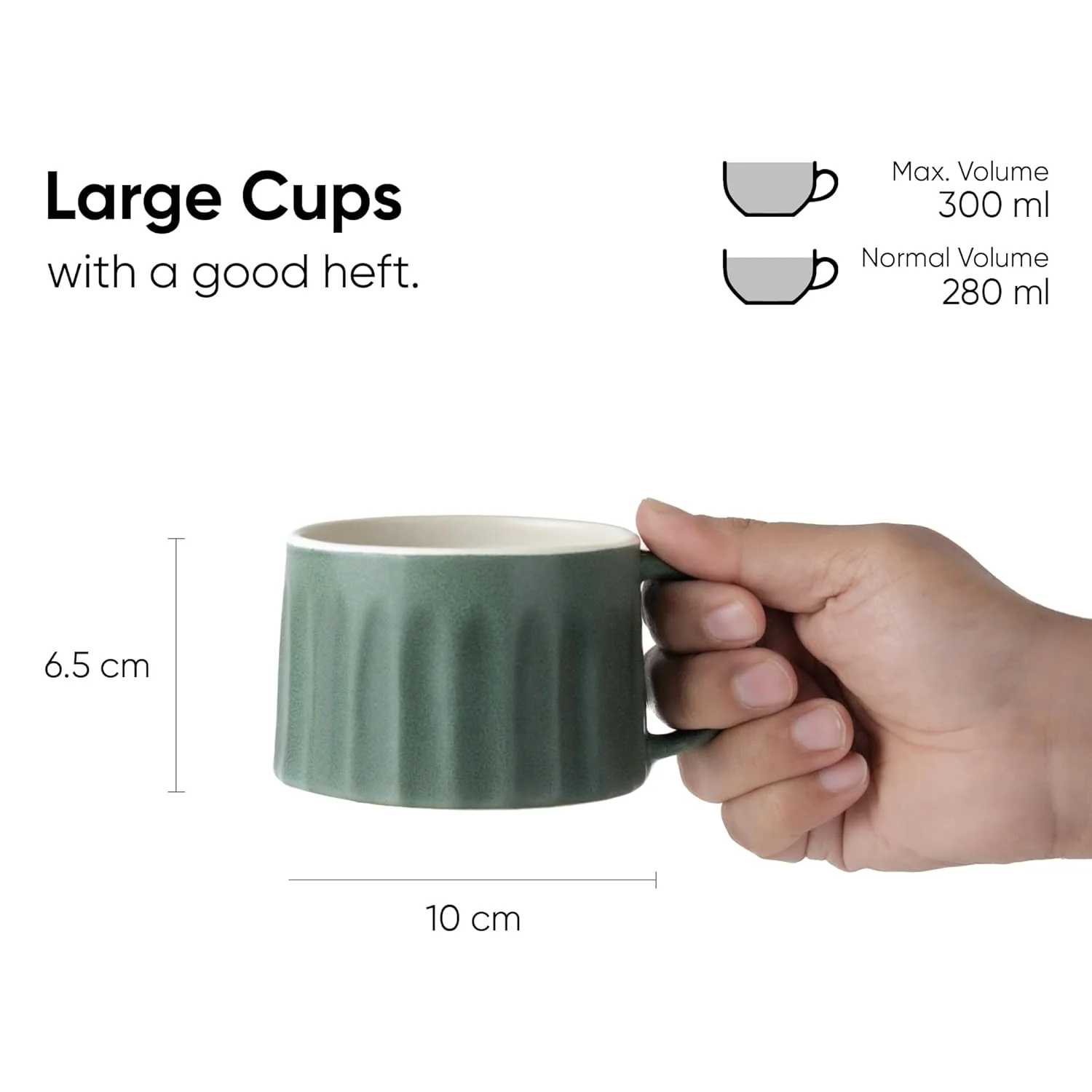 Ceramic Line Cappuccino Cup Set Of 2 - Rustic Green, 300ml Each | Coffee Cup With Matte Finish - Large Cup For Coffee - Ceramic Cup | Premium Stoneware Coffee Cup | Microwave Safe & Dishwasher Safe - Image 2