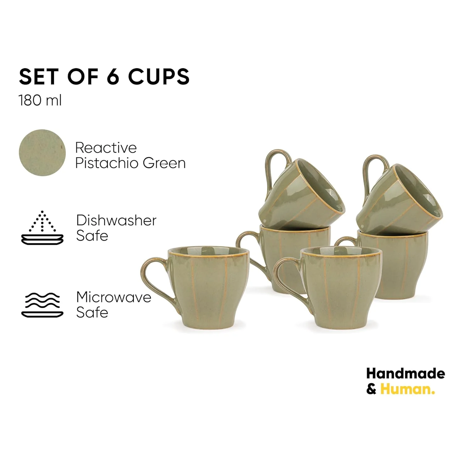 Ceramic Line Tea Cups Set Of 6 - Pista Green, 180ml Each | Tea Cup Set Of 6 - Premium Porcelain Tea Set | Ceramic Tea Cup With Glossy Finish - Small Cups For Tea | Line Tea Cup Only - Image 5