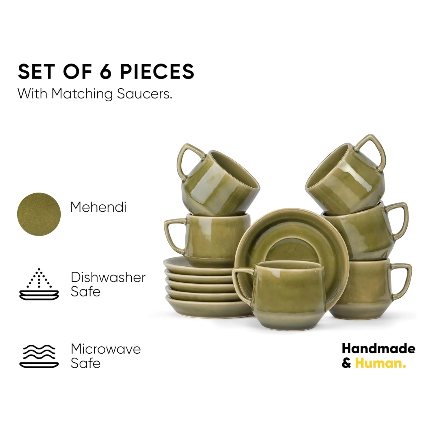 Ceramic Oblique Cup & Saucer Set Of 6 - Mehndi Green, 200ml Each Cup | Cup Saucer Set - 6 Cups + 6 Saucers | Glossy Finish Tea Set - Ceramic Tea Cup & Saucer Set - Image 2