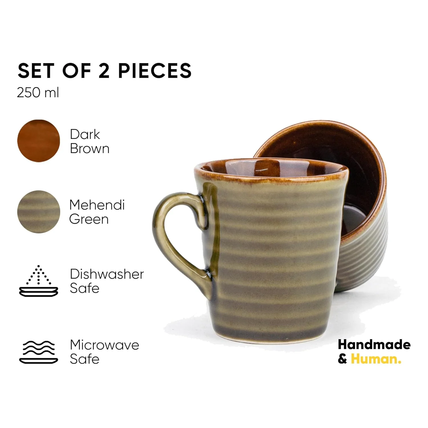 Ceramic Organic Coffee Cup Set Of 2 - 290ml Each, Mehndi Green | Medium Cup With Glossy Finish - Stoneware Coffee Cup Set | Ceramic Cup - Microwave Safe & Dishwasher Safe - Image 3