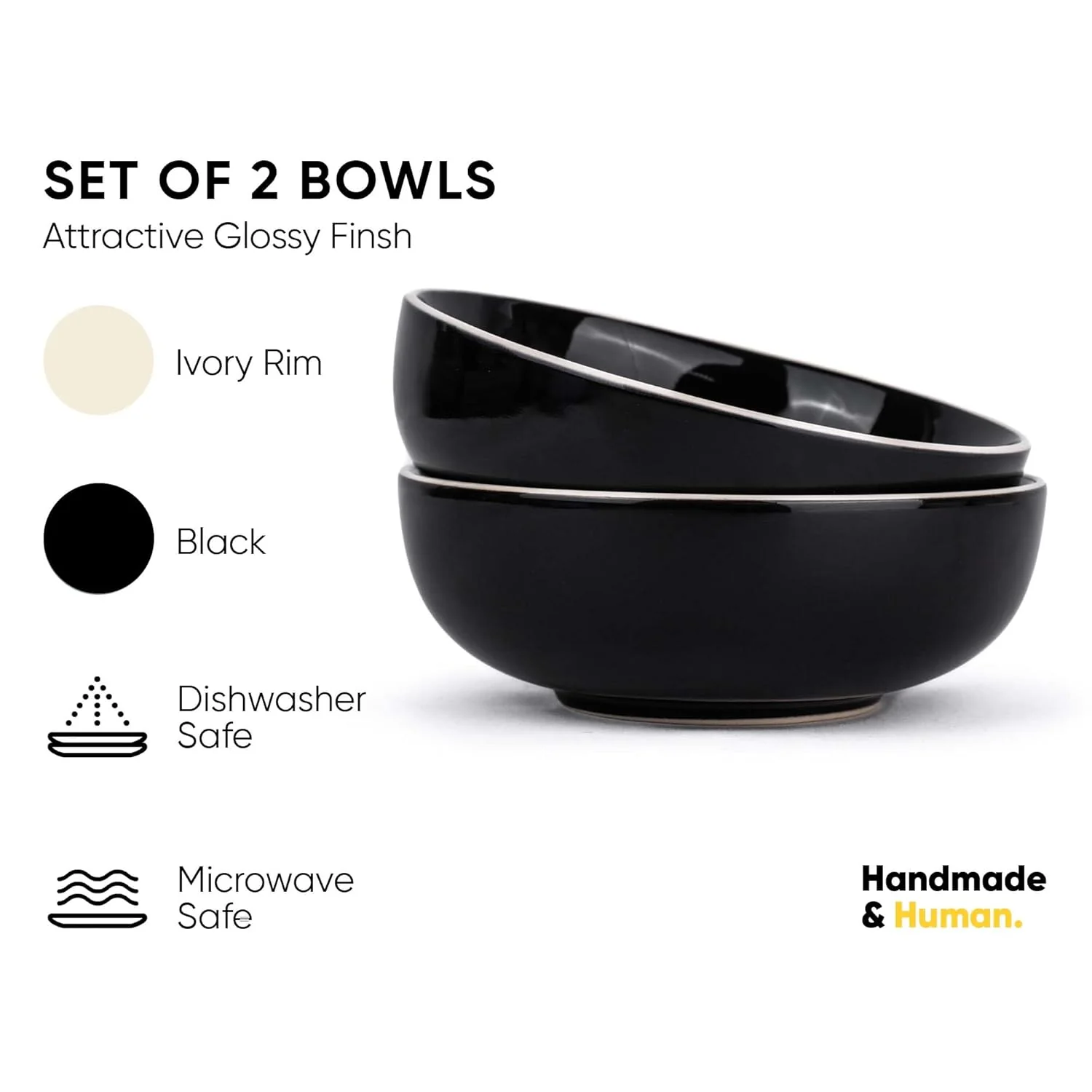 Ceramic Pasta Bowl Set Of 2 Pieces - 18cm, Black, 800ml Each | Stoneware Ceramic Serving Bowls | Pasta Plate - Deep Plate | Ceramic Bowl With Glossy Finish - Pasta Serving Plate - Image 2