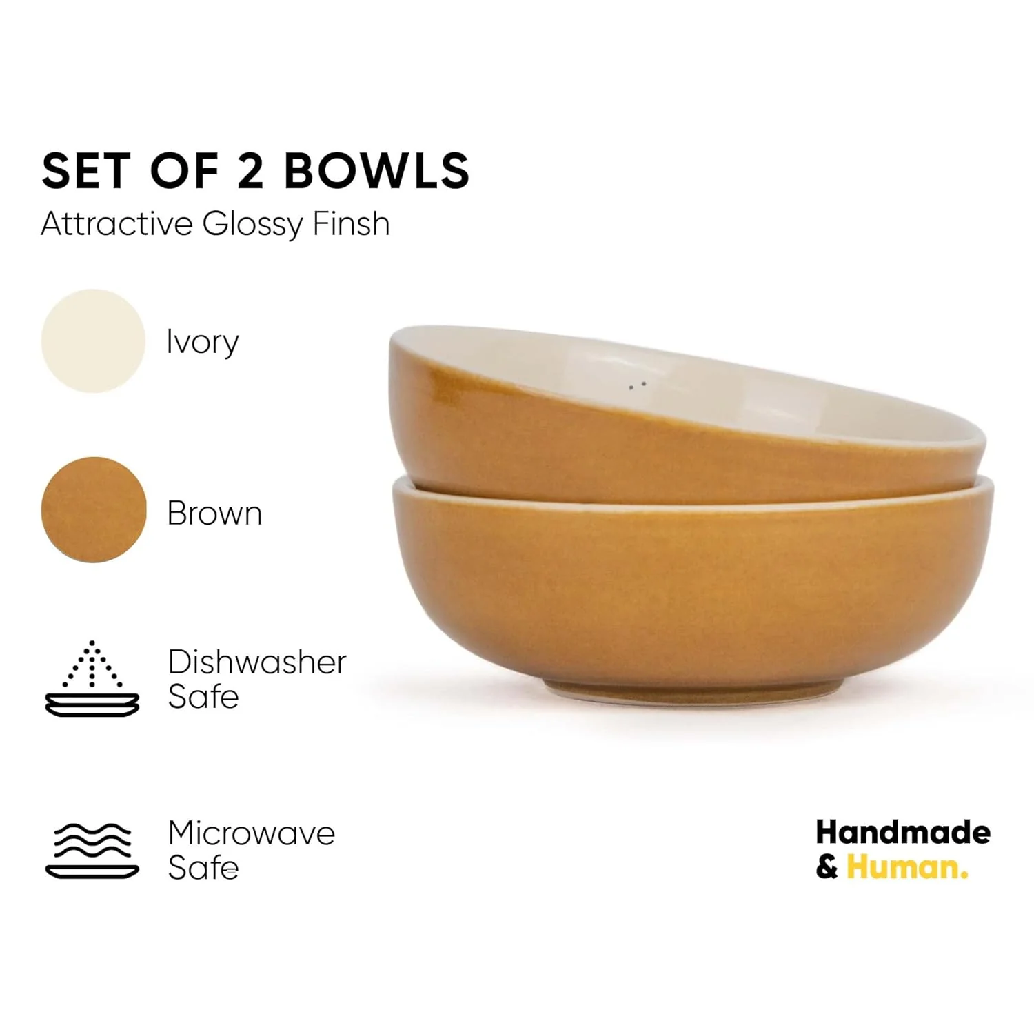 Ceramic Pasta Bowl Set Of 2 Pieces - 18cm, Brown Ivory, 800ml Each | Stoneware Ceramic Serving Bowls | Pasta Plate - Deep Plate | Ceramic Bowl With Glossy Finish - Pasta Serving Plate - Image 2