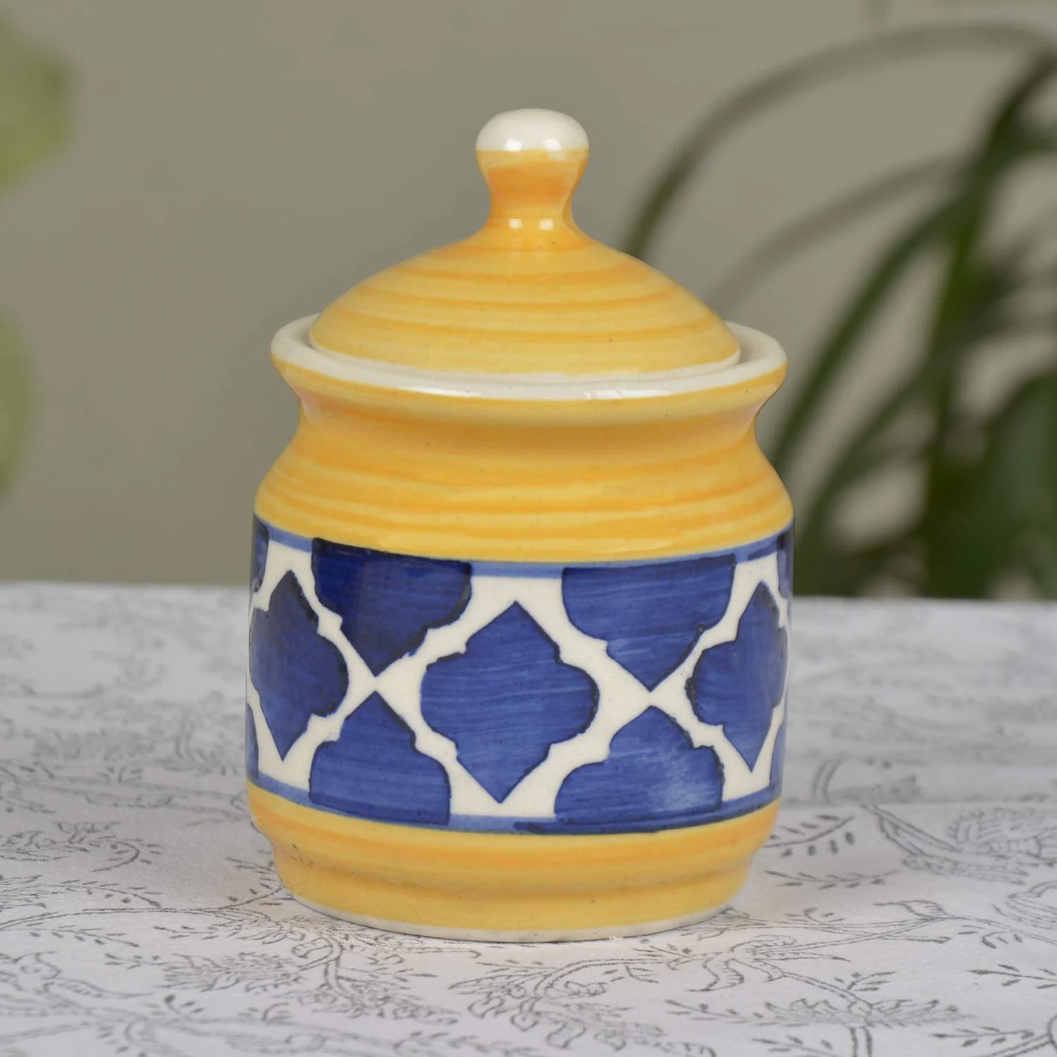 Ceramic Pickle Serving Jar Set With Tray Set Of 2 - 200ml Each, Yellow & Blue | Condiment Set - Pickle Jar Set For Dining Table | Masala Container - Image 2