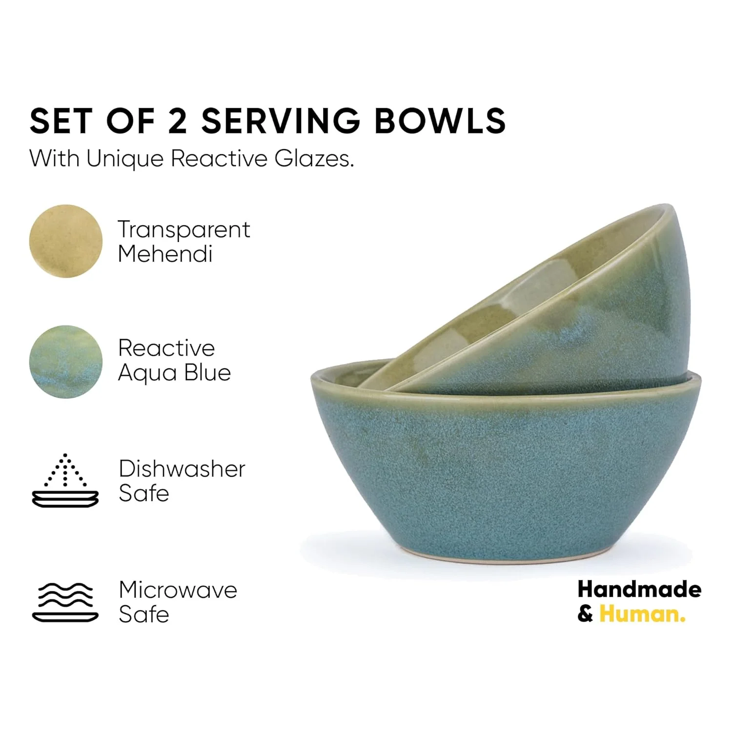 Ceramic Serving Medium Bowls Set Of 2 Pieces - 850ml Each, Green Blue Reactive | Premium Ceramic Bowls - Medium Size | Microwave Safe Bowls - Bowl Sets With Glossy Finish | Ceramic Bowls - Image 2
