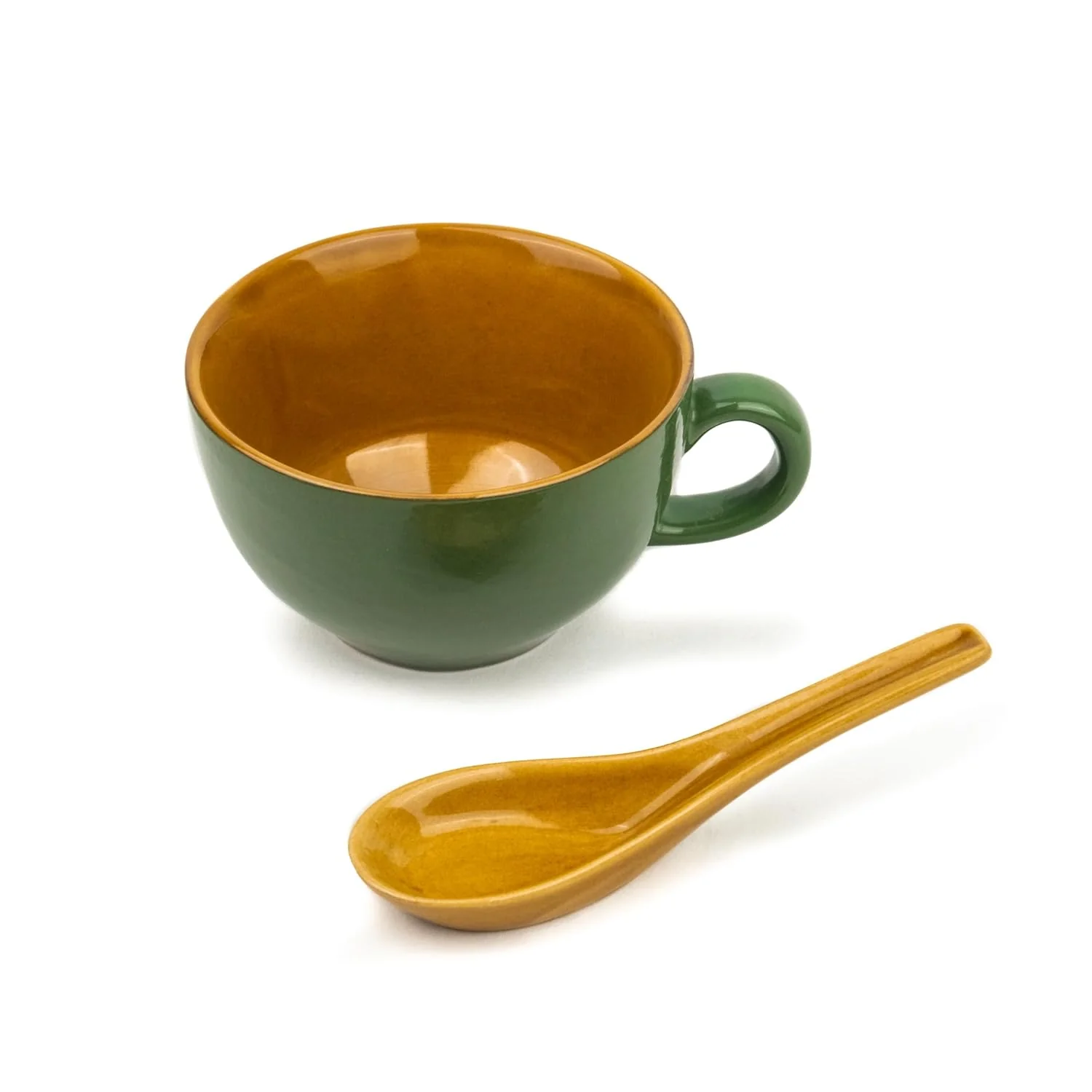 Ceramic Soup Bowl Set With Spoon Set Of 2 - Chrome Green, 350ml Each | 2 Soup Bowls + 2 Soup Spoons - Soup Mug, Soup Cup | Glossy Finish Ceramic Soup Bowls - Microwave Safe & Dishwasher Safe - Image 4