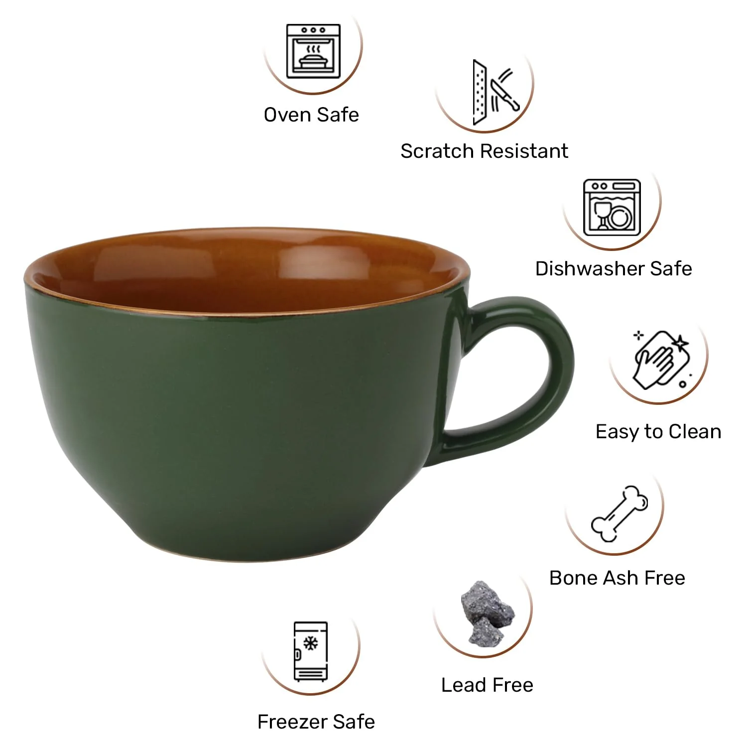Ceramic Soup & Coffee Wide Large Mug With Handle - Set Of 1, 350ml, Green | Bone Ash Free & Microwave Safe - Bowl For Maggi, Cappuccino, Latte, Green Tea - Matte Finish - Image 4