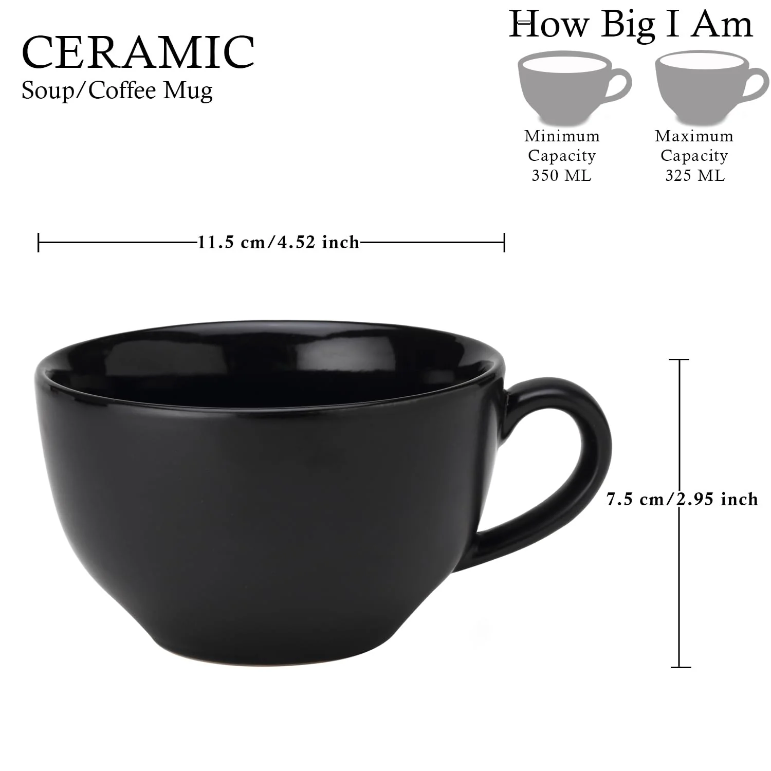 Ceramic Soup & Coffee Wide Large Mug With Handle - Set Of 2, 350ml Each, Black | Bone Ash Free & Microwave Safe - For Maggi, Cappuccino, Latte, Green Tea - Matte Finish - Image 3