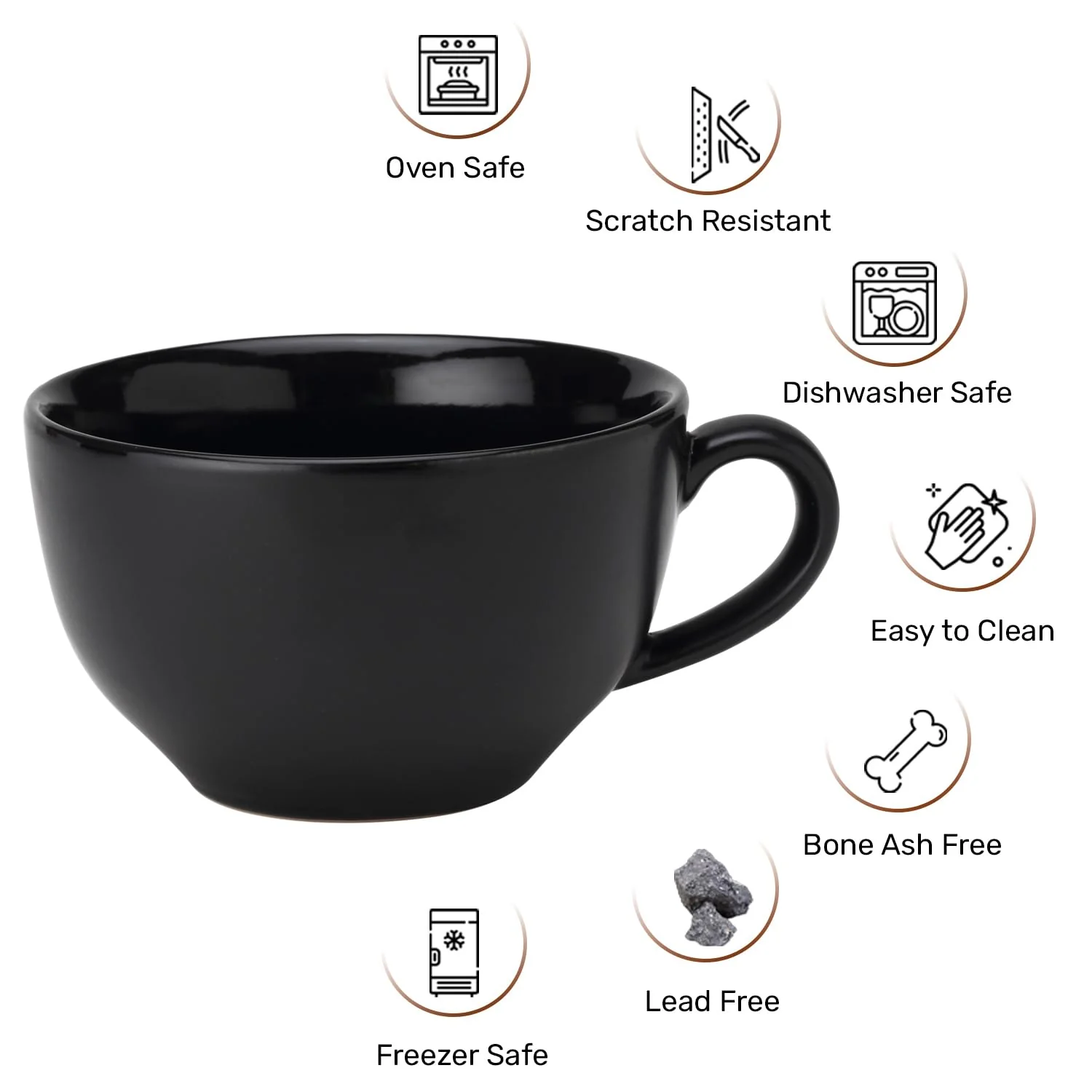 Ceramic Soup & Coffee Wide Large Mug With Handle - Set Of 2, 350ml Each, Black | Bone Ash Free & Microwave Safe - For Maggi, Cappuccino, Latte, Green Tea - Matte Finish - Image 4