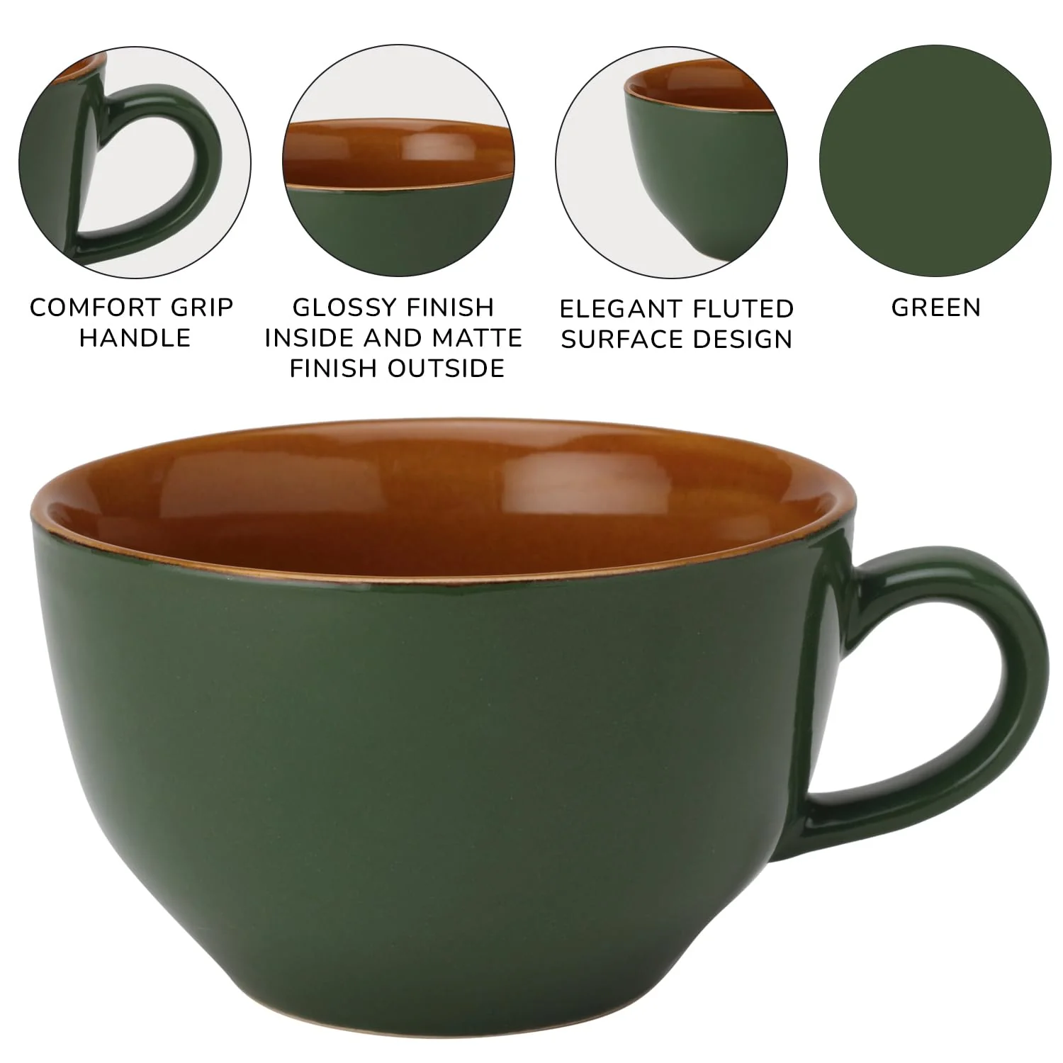 Ceramic Soup & Coffee Wide Large Mug With Handle - Set Of 2, 350ml Each, Green | Bone Ash Free & Microwave Safe - Cup For Maggi, Cappuccino, Latte, Green Tea - Matte Finish - Image 5