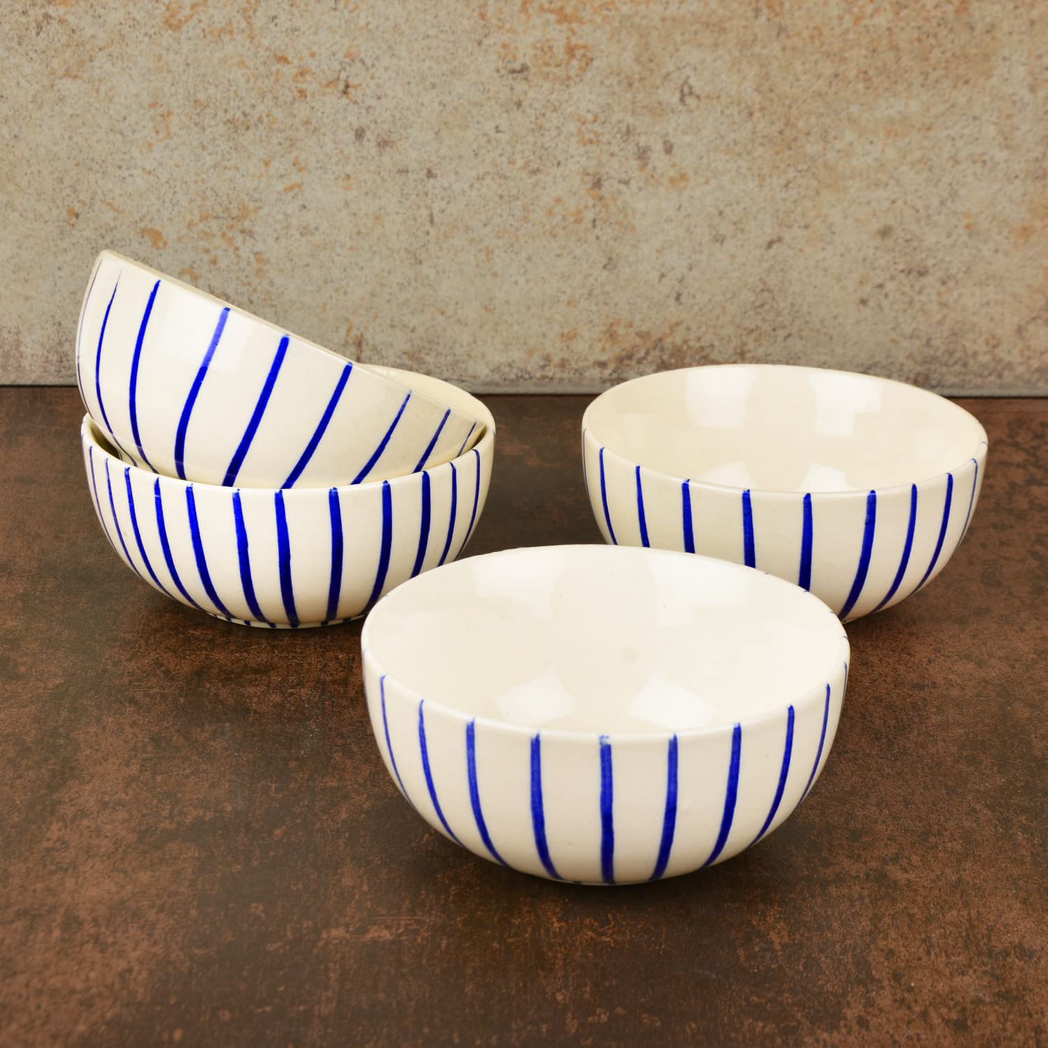 Ceramic Striped Dinner Bowls Set Of 4 - White & Blue, Diameter – 4 Inches, 220ml Each | Ceramic Bowls For Curries Or Lentils - Katoris - Image 2