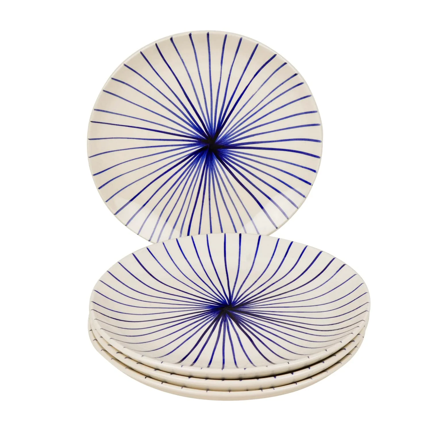 Ceramic Striped Dinner Serving Plates Set Of 4 - White & Blue, Diameter: 10 Inches | Ceramic Full Plates - Blue Kasa Line - Image 4