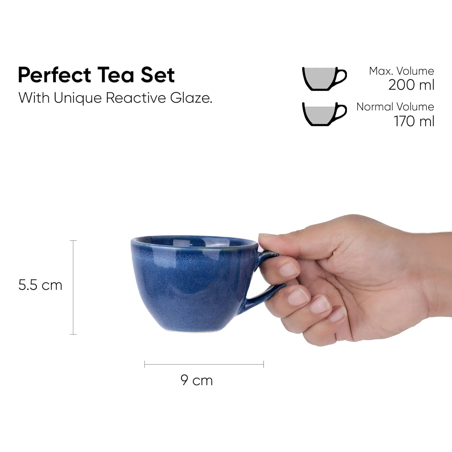 Ceramic Tea Cups Set Of 6 - Blue Reactive, 200ml Each | Tea Cup Set With Glossy Finish - Ceramic Tea Cup Set | Tea Cups Only - Microwave Safe & Dishwasher Safe - Image 5