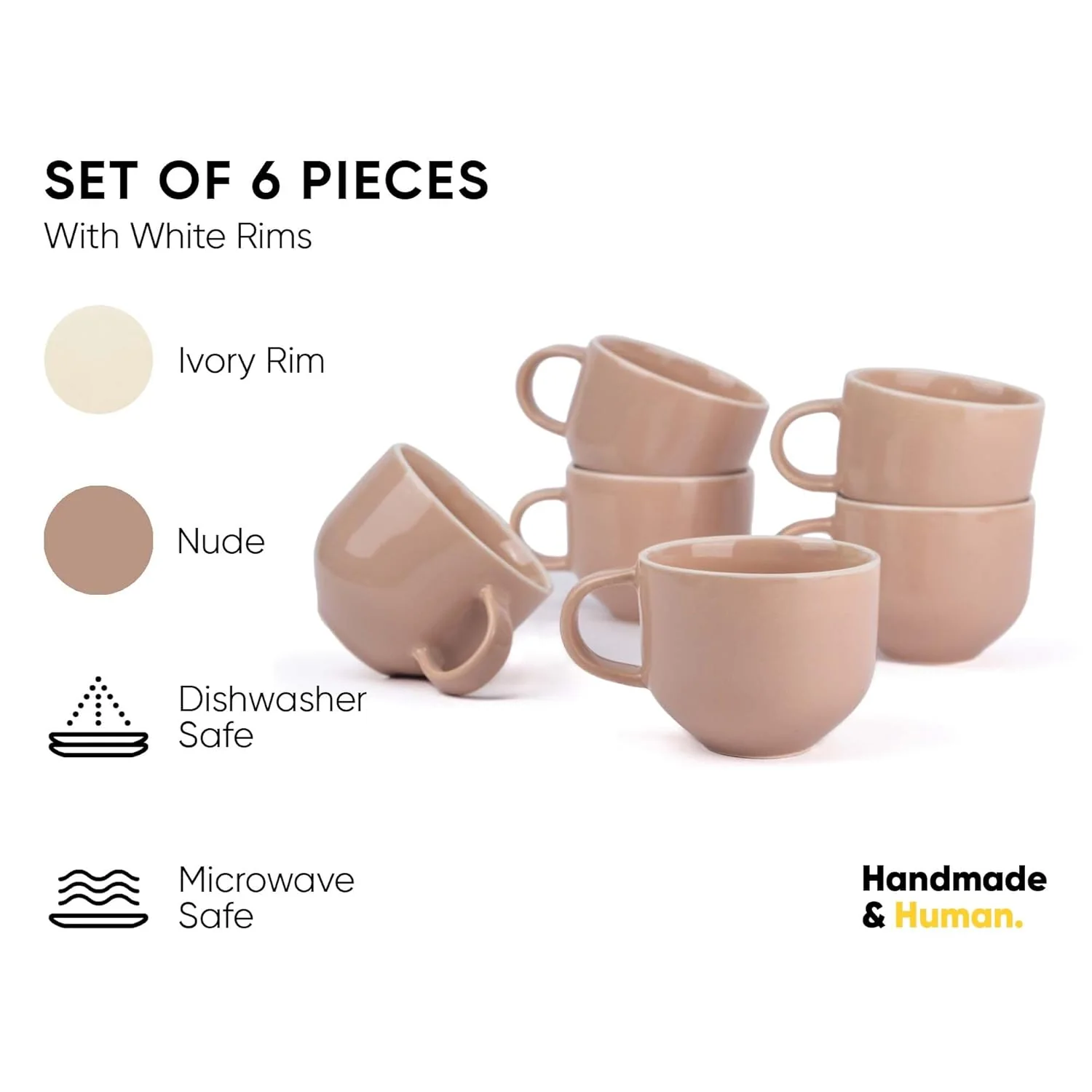 Ceramic Tea Cups Set Of 6 - Nude Rim, 200ml Each | Tea Cup Set Of 6 - Premium Stoneware Tea Set With Glossy Finish | Ceramic Tea Cup - Small Cups For Tea | Microwave Safe & Dishwasher Safe - Image 3
