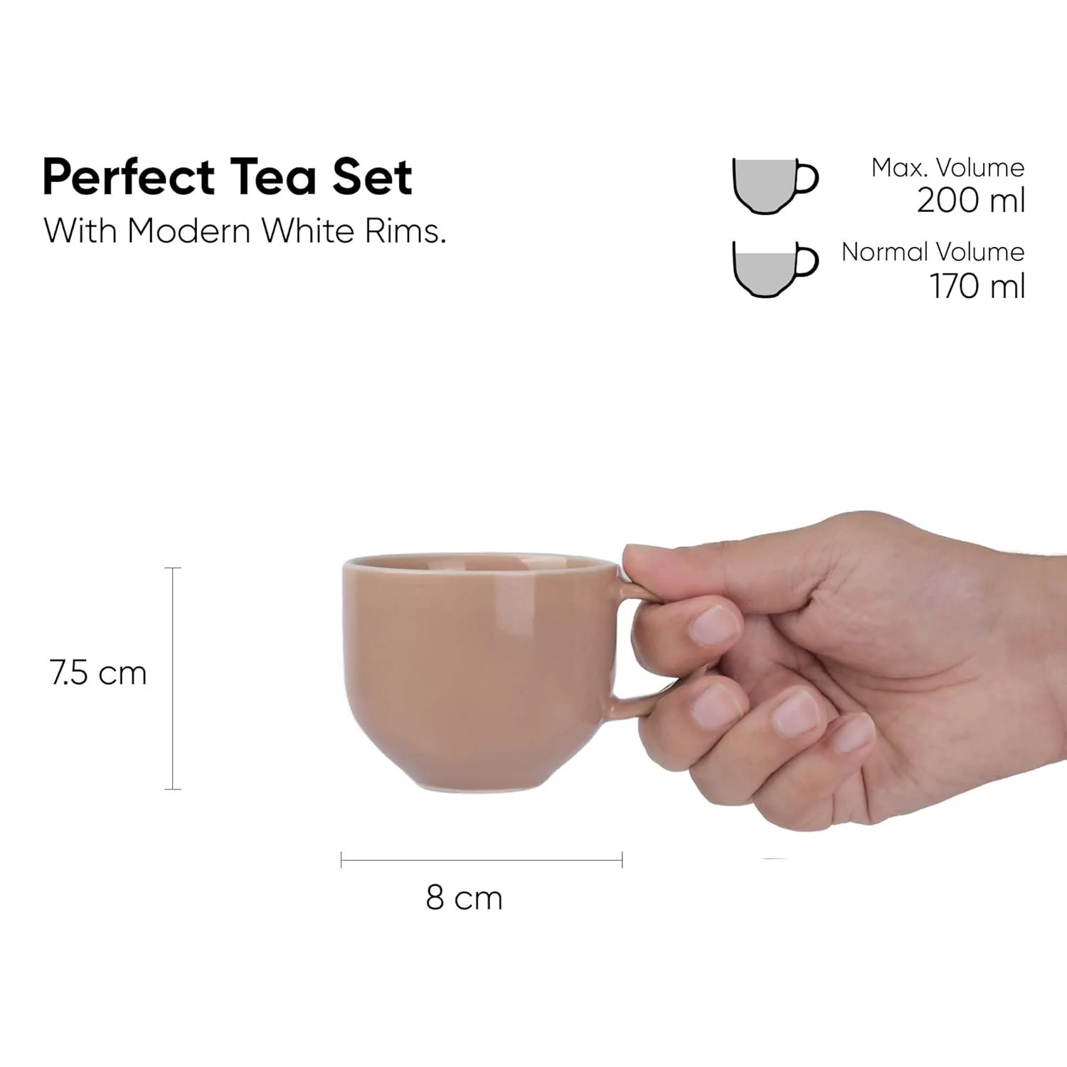 Ceramic Tea Cups Set Of 6 - Nude Rim, 200ml Each | Tea Cup Set Of 6 - Premium Stoneware Tea Set With Glossy Finish | Ceramic Tea Cup - Small Cups For Tea | Microwave Safe & Dishwasher Safe - Image 4