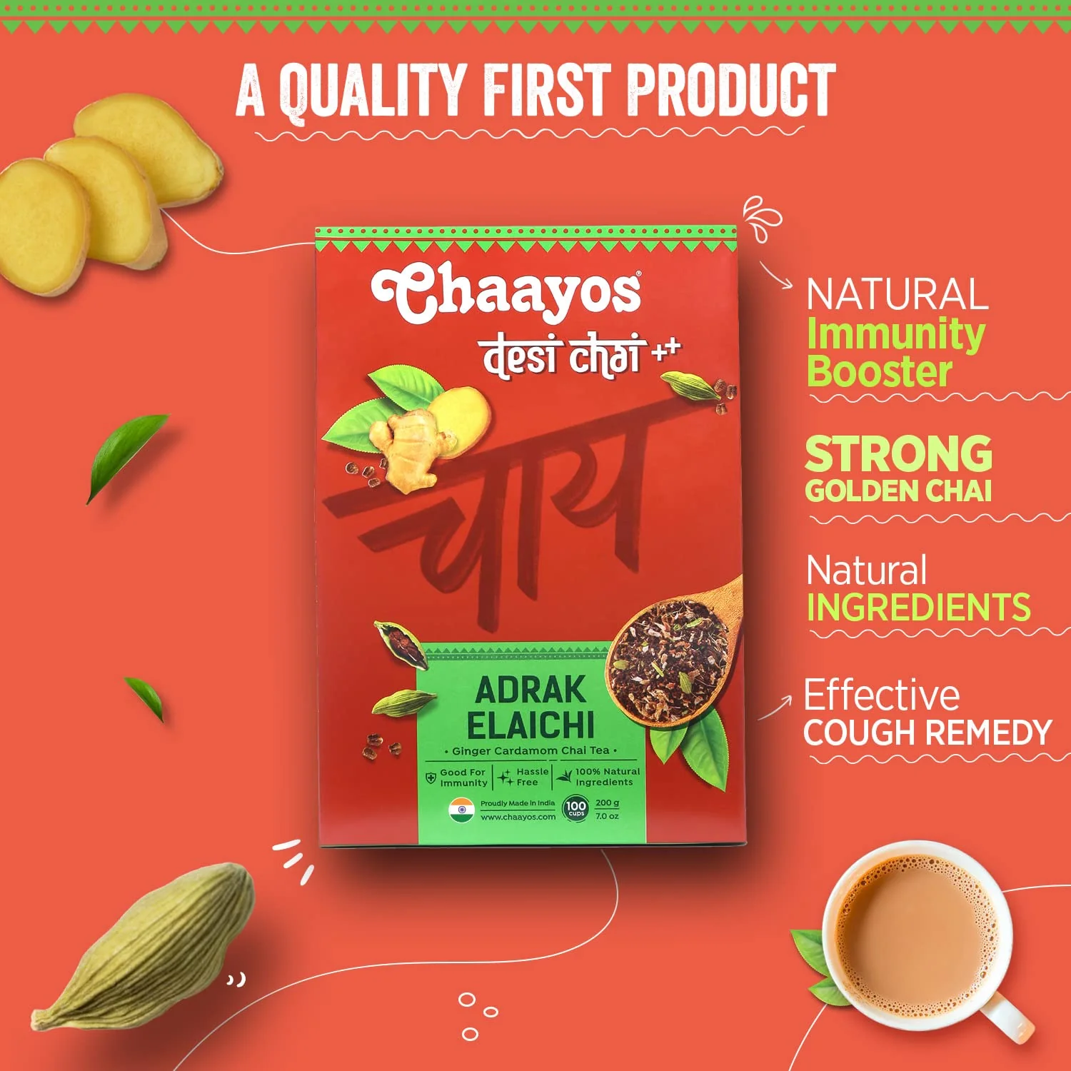 Chaayos Adrak Elaichi Desi Chai - 300gm, 10.5 Ounce, 150 Cups | Ginger & Cardamom Tea - Premium Desi Chai Patti For Authentic Masala Flavour | Immunity Booster - Medium Caffeine - Image 4