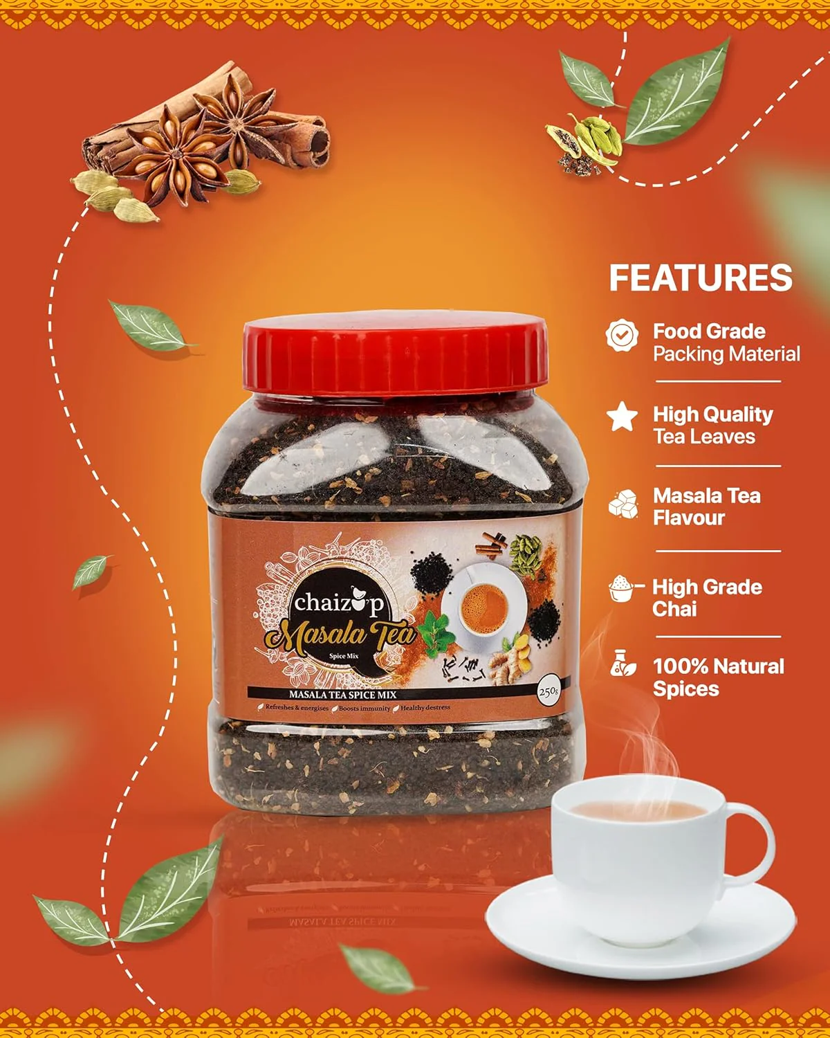 Chaizup Premium 1 Min Instant Masala Tea Premix - 250gm Jar, 8.8 Ounce | Just Add Hot Water - Assam Masala Chai Powder | Low Caffeine, No Added Color - Home Like Tea - Image 3