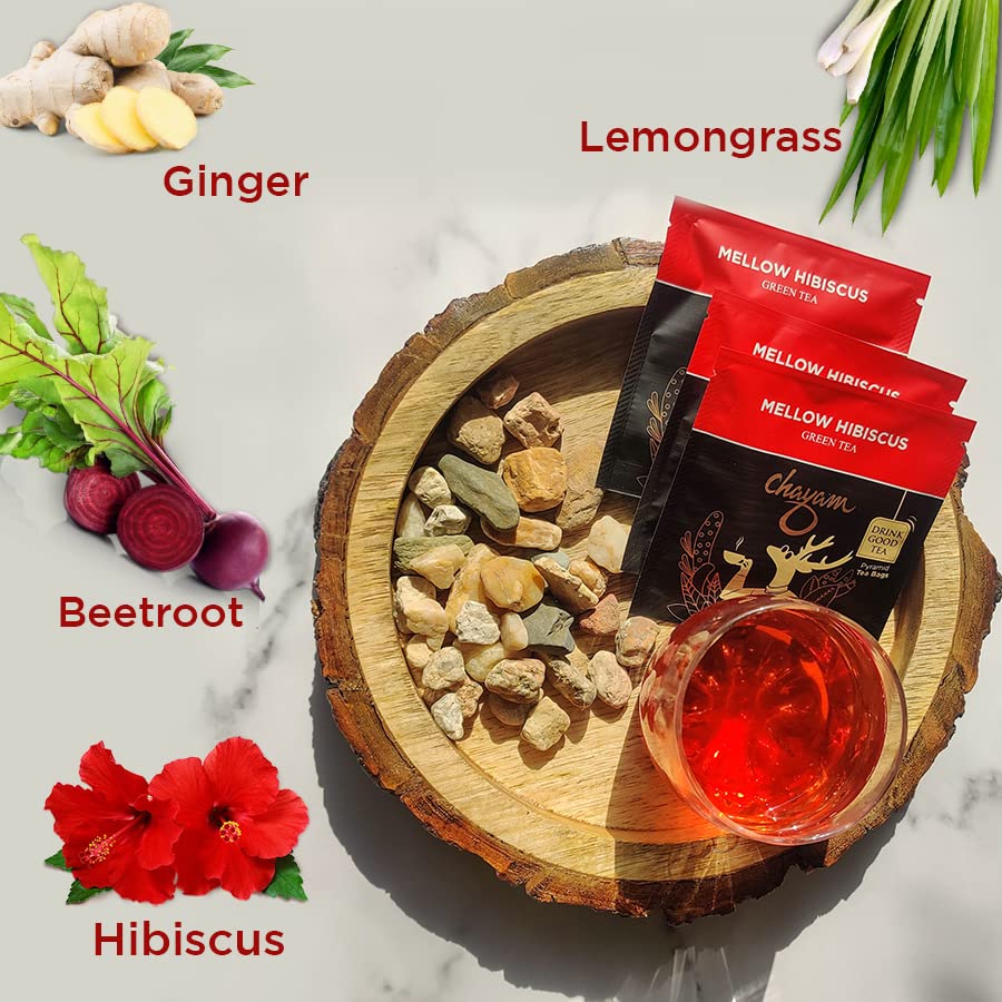 Chayam Mellow Hibiscus Tea - 20 Pyramid Tea Bags | Blended With Lemongrass, Ginger, Beetroot & Hibiscus - Make Iced Or Hot Tea | Low Caffeine, Gluten Free, No Added Sugar - Image 3