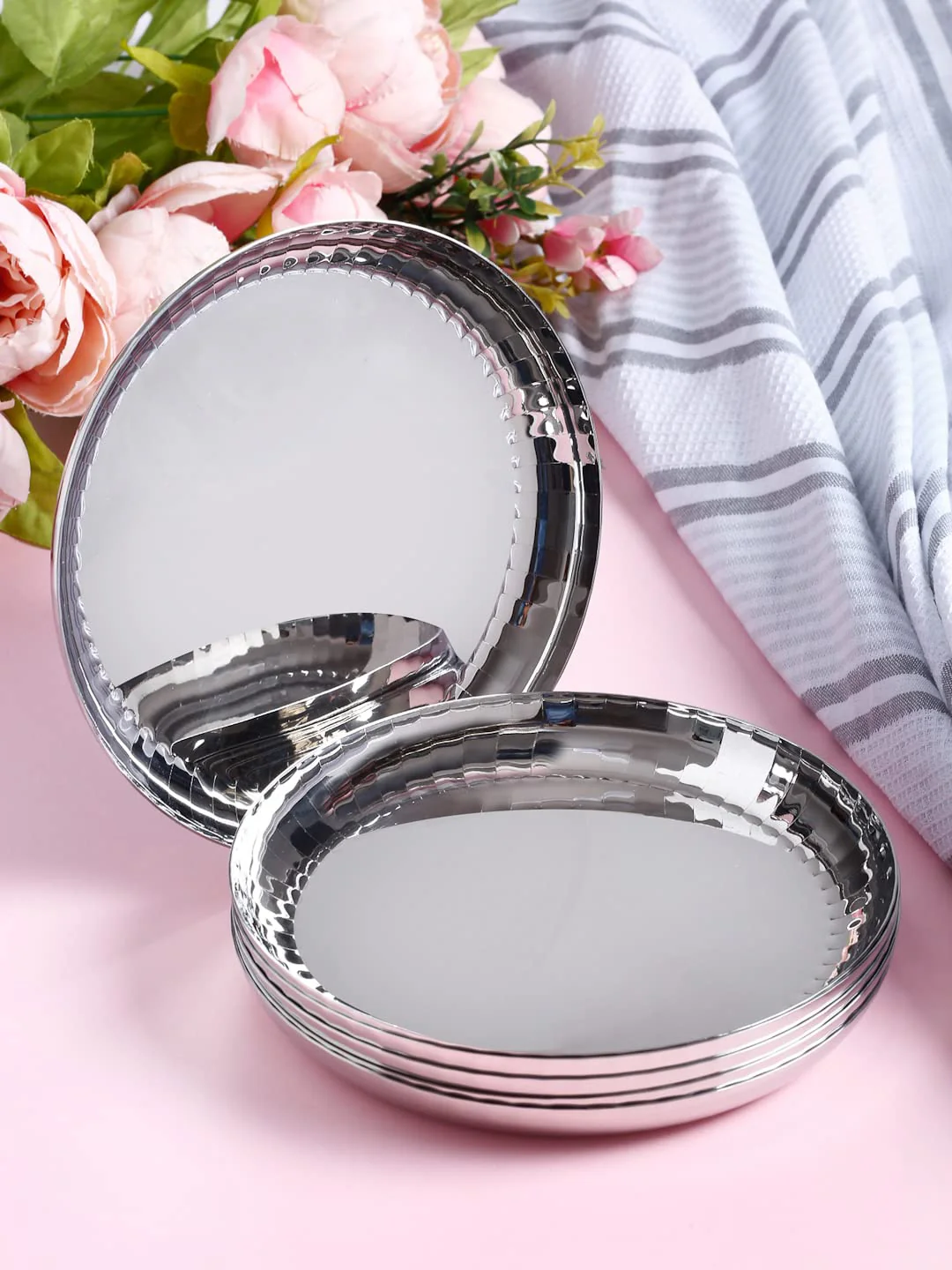 Chrome Stainless Steel Quarter Plate Set Of 6 - Rhythm Garden Series | Ribbed Pattern Glossy Finish | Salad & Snacks Plates - Flower Texture Plates | Serve Ware, Dinnerware & Tableware - Image 4