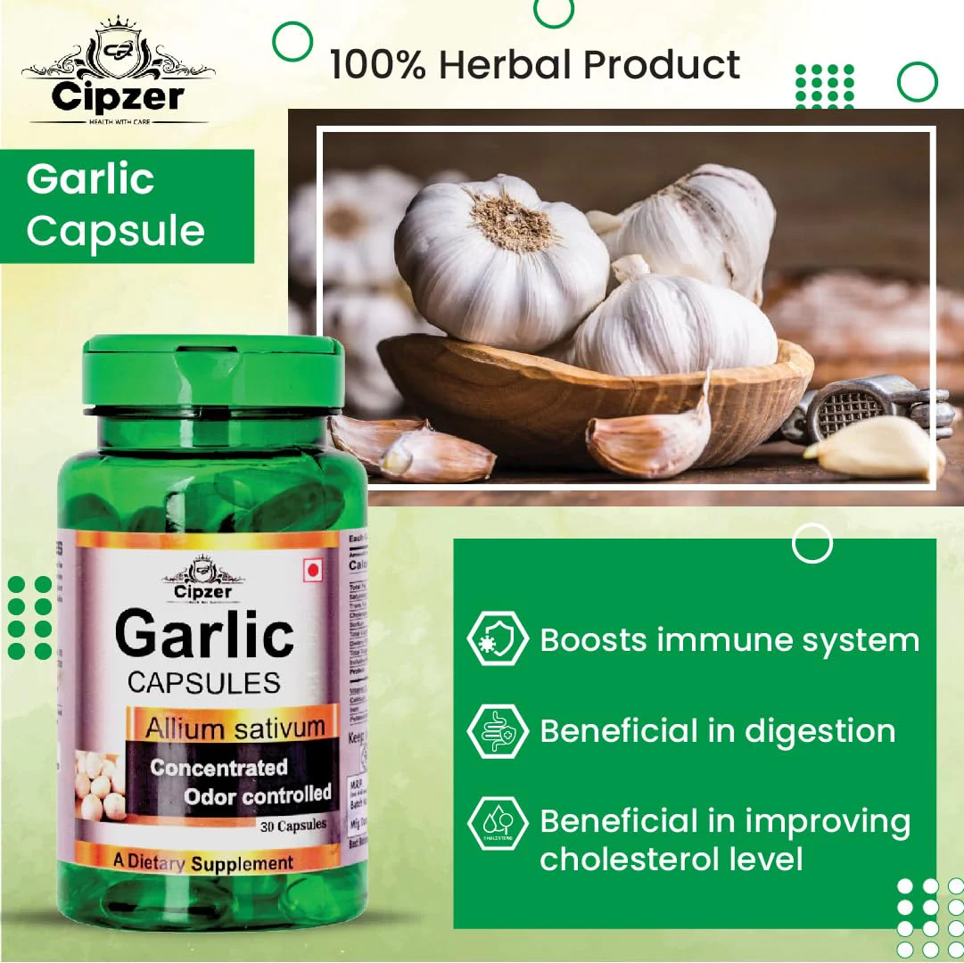 Cipzer Garlic Capsule For High Blood Pressure Managements Immunity Boost, Contains Many Sulfur Compounds, Vitamins A, C, & Various Amino Acids | 30 Capsule 50gm 0.1lbs - Image 2