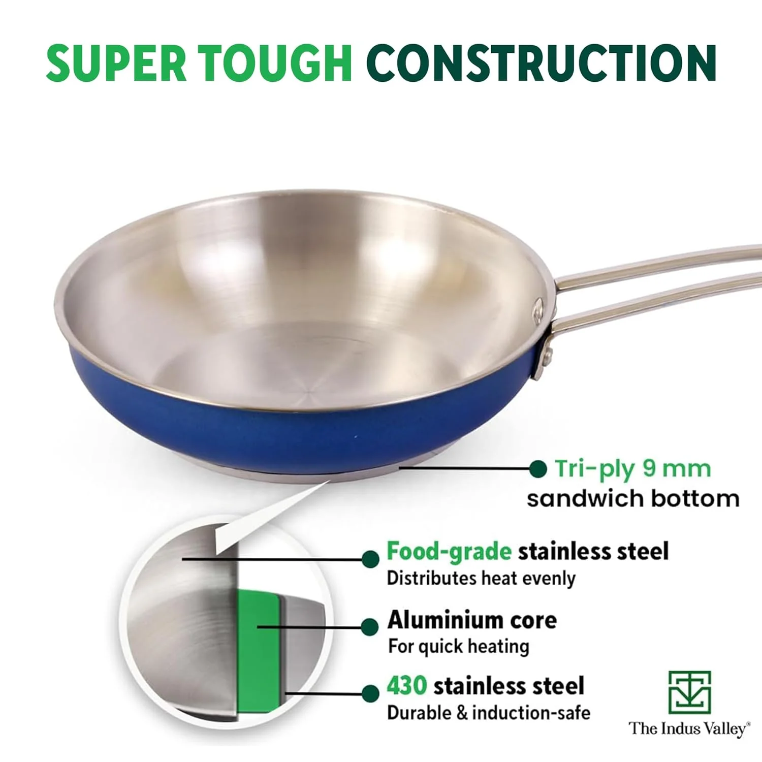 Coloured Stainless Steel Fry Pan - Blue, Small 22.7cm, 8.9 Inch, 1.5 Ltr, 0.7 Kg | Induction Friendly, 100% Toxin-Free, Naturally Nonstick, No Chemical Coating - Image 4