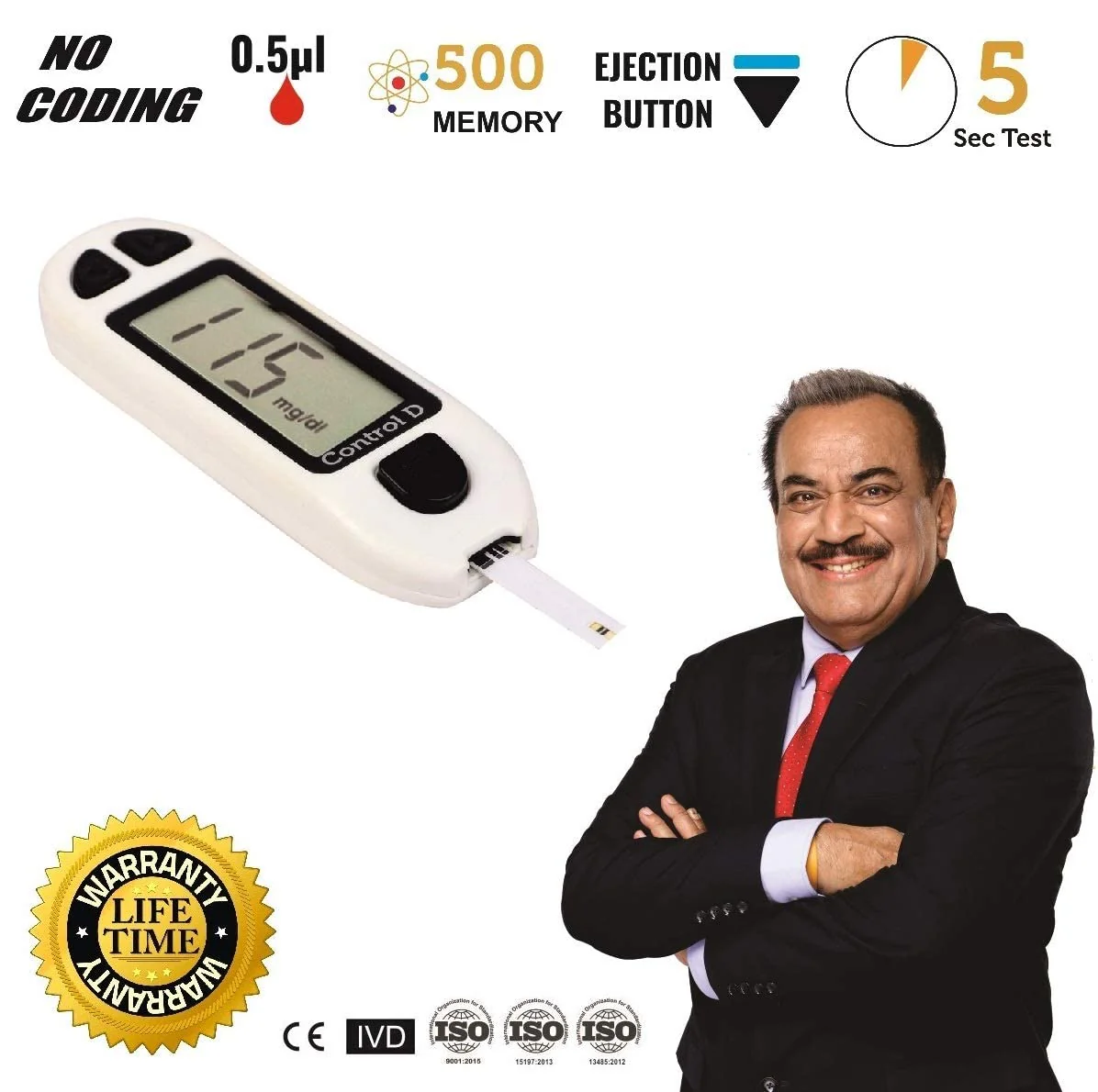 Control D Blood Glucose Sugar Testing Monitor With 10 Strips Glucometer - White - Image 3