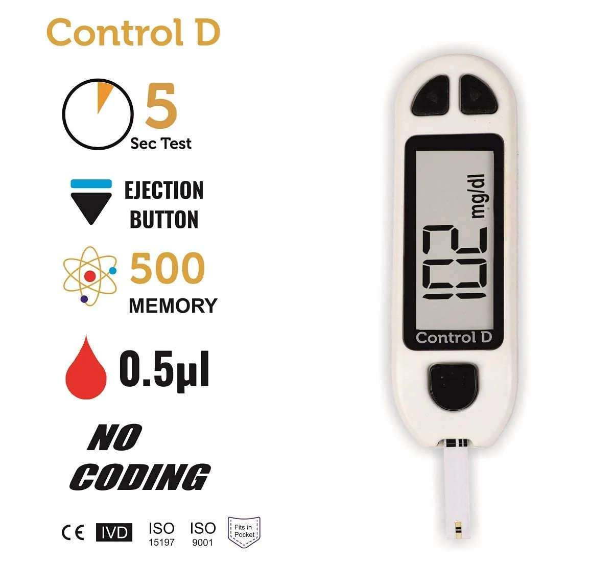 Control D Blood Glucose Sugar Testing Monitor With 10 Strips Glucometer - White - Image 6
