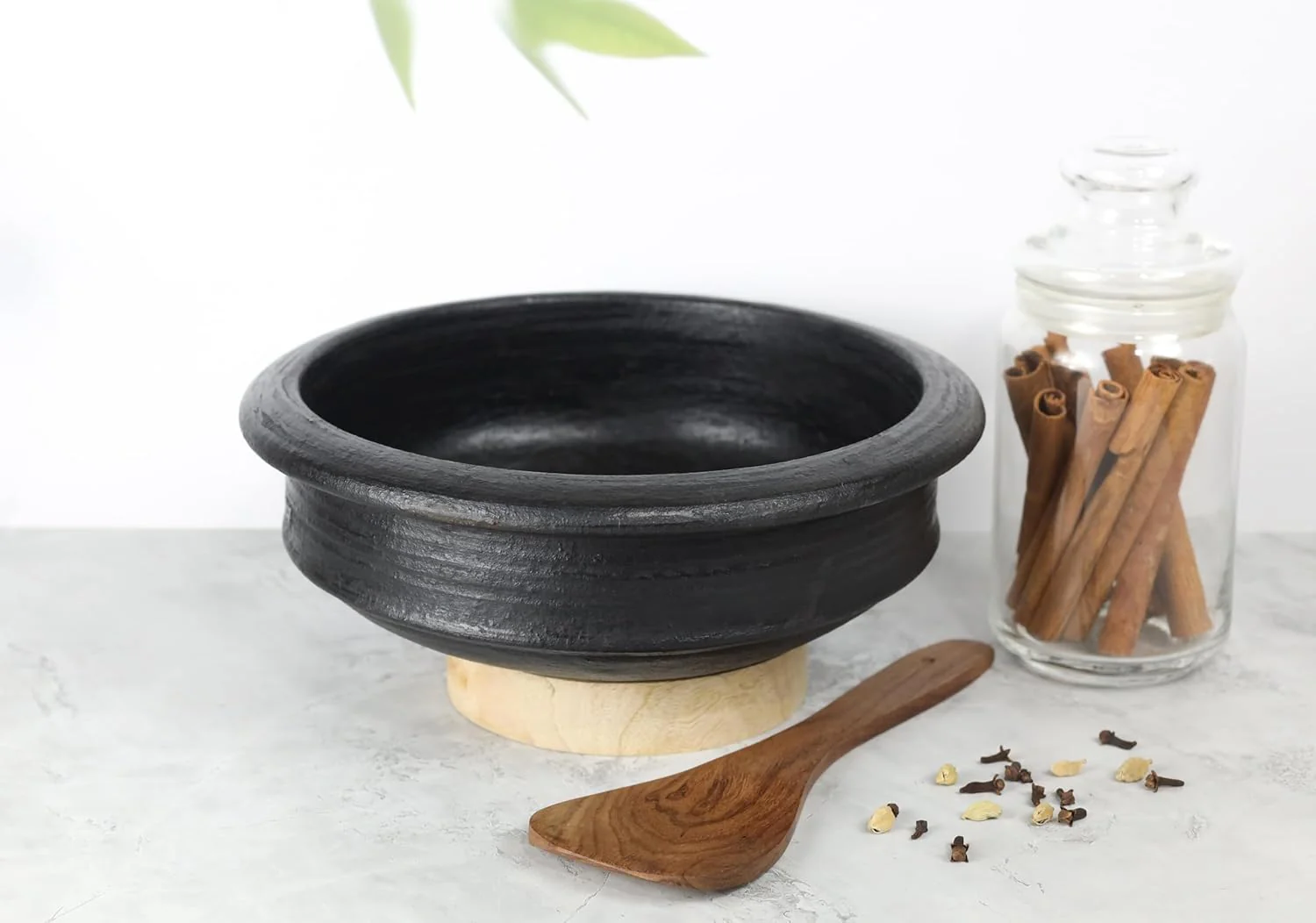 Deep Burned Uncoated Clay Handi + Pot Combo For Cooking & Serving With 2 Wooden Spatulas Complimentary Pack Of 2 - Black, 1+2 Liters | Pre-Seasoned Mud Pot - Unglazed, Double Fired, Hand Crafted - Image 2