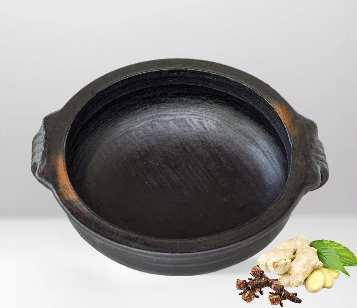 Deep Burned Uncoated Clay Pot + Kadai + Handi With Handle Combo With 2 Wooden Spatulas Complimentary Pack Of 3 - Black, 1+2+3 Liters | Pre-Seasoned Mud Pot - Unglazed, Double Fired, Hand Crafted - Image 2