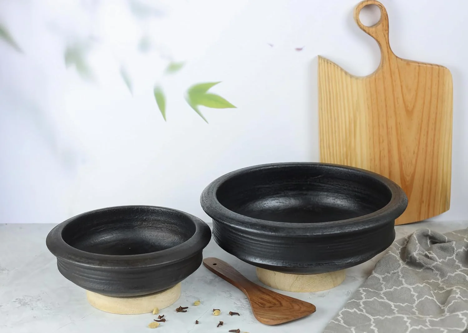 Deep Burned Uncoated Clay Pot Or Mitti Handi Combo With 2 Wooden Spatulas Complimentary Pack Of 2 - Black, 1 + 2 Liters | Pre-Seasoned Mud Pot - Unglazed, Double Fired, Hand Crafted - Image 2