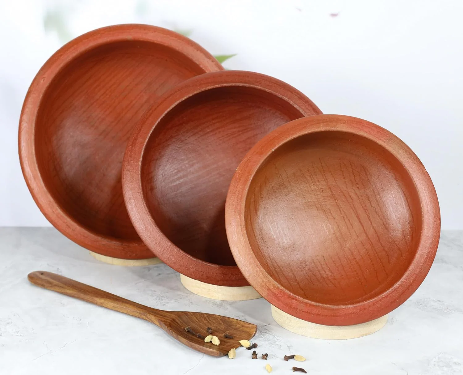 Deep Burned Uncoated Clay Pot Or Mitti Handi Combo With 2 Wooden Spatulas Complimentary Pack Of 3 - Red, 1 + 2 + 3 Liters | Pre-Seasoned Mud Pot - Unglazed, Double Fired, Hand Crafted - Image 3