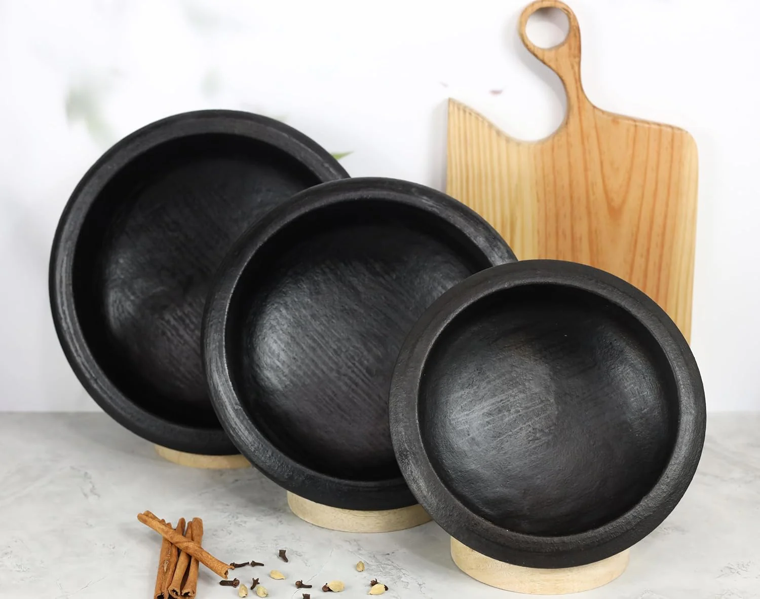 Deep Burned Uncoated Clay Pot Or Mitti Handi With Lid Combo + 2 Wooden Spatulas Complimentary Pack Of 3 - Black, 1+2+3 Liters | Pre-Seasoned Mud Pot - Unglazed, Double Fired, Hand Crafted - Image 3