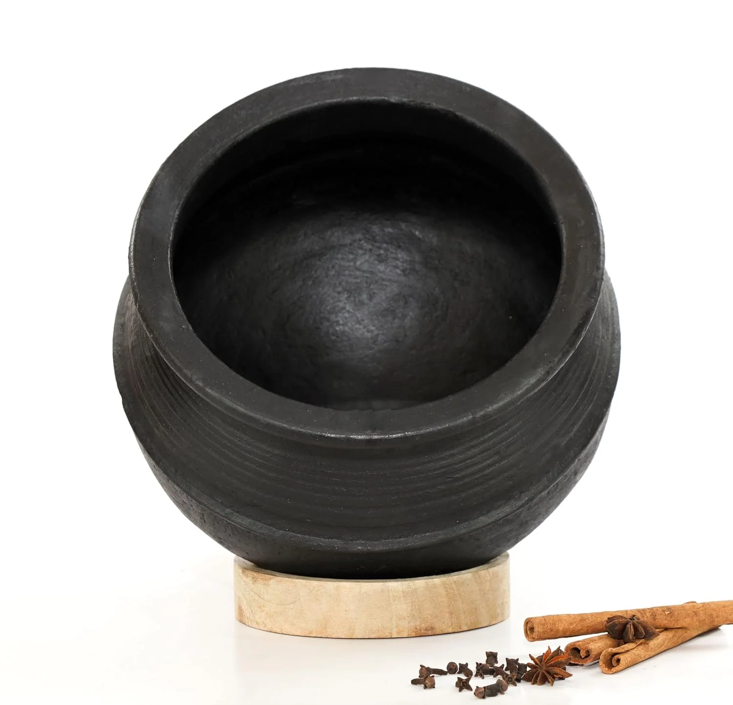 Deep Burned Uncoated Clay Rice Pot Or Mitti Handi With 2 Wooden Spatulas Complimentary For Cooking & Serving - Black, 1 Liter | Pre-Seasoned Mud Pot - Unglazed, Double Fired, Hand Crafted - Image 2