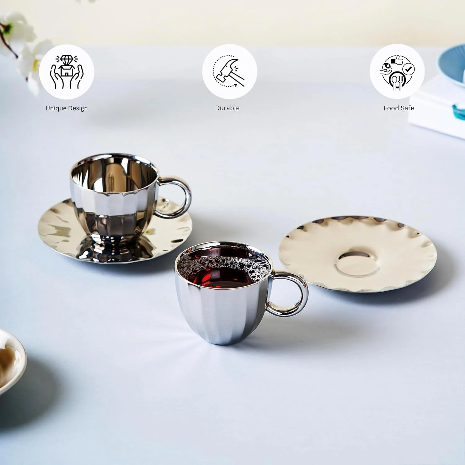 Designer Chrome Stainless Steel Cup - 120ml Each, Set Of 2 | Corporate Gifting For Diwali - Unbreakable Cups For Tea Chai Coffee Cups Mugs | Premium Serve Ware, Dinnerware & Tableware - Image 5