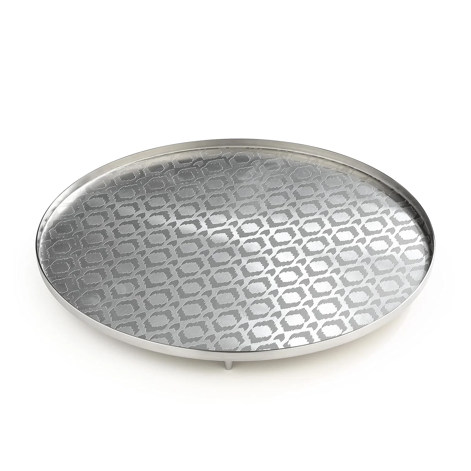 Designer Chrome Stainless Steel Round Platters With Legs - Ikat Series, Engraved Pattern, Small | Serving Tray For Food Dessert Fruit Coffee Tea - Serve Ware, Dinnerware & Tableware - Image 6