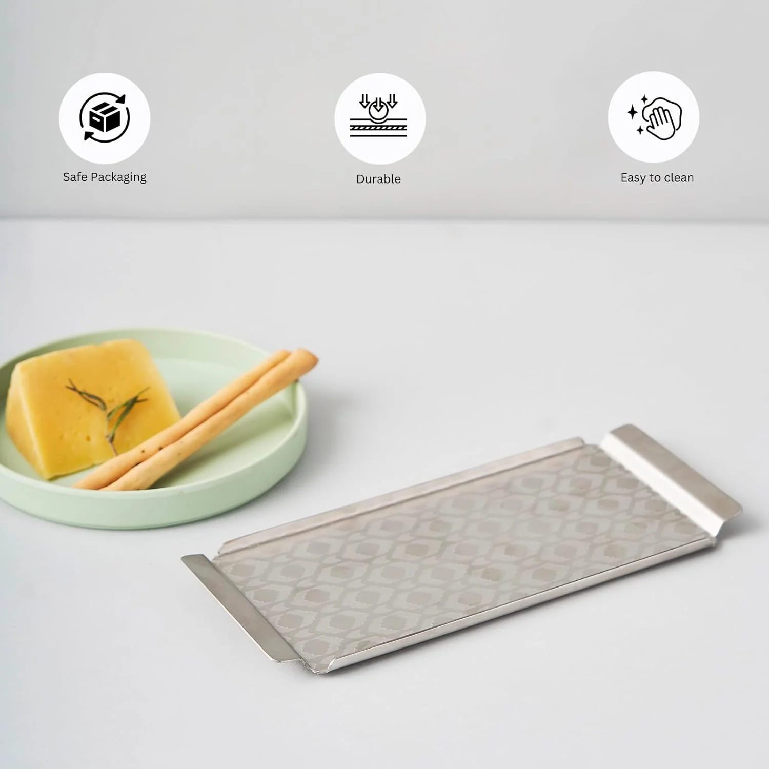 Designer Chrome Stainless Steel Small Tray - Ikat Series, Matt Finish | Corporate Gifting For Diwali - Multipurpose Serving Platter | Premium Serve Ware, Dinnerware & Tableware - Image 5