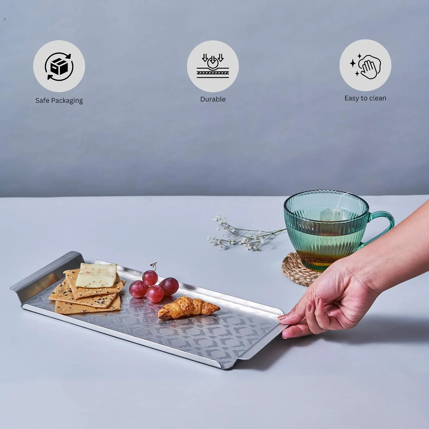 Designer Chrome Stainless Steel Tray - Multipurpose Serving Platter | Premium Serve Ware, Dinnerware & Tableware - Image 3