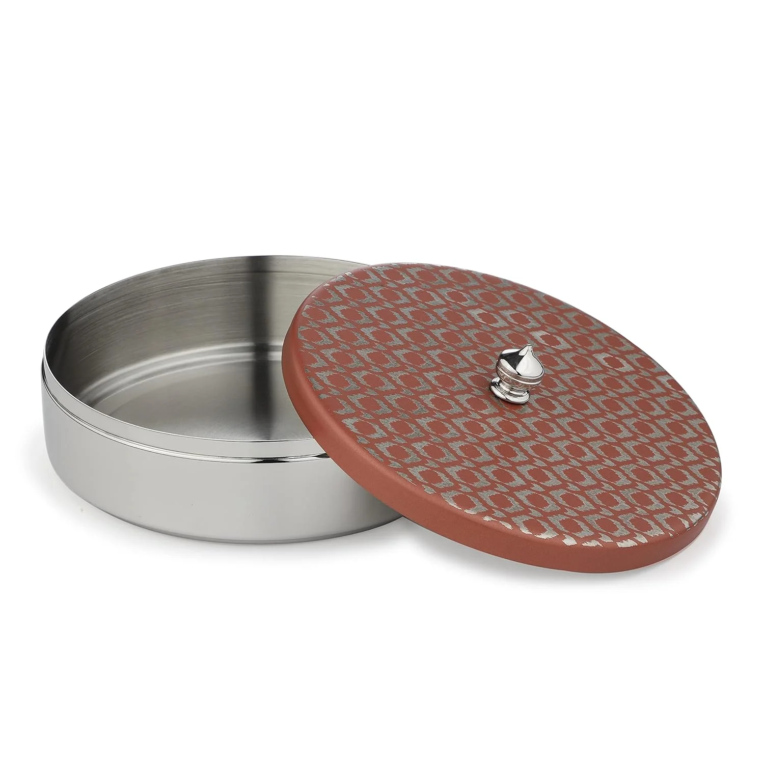 Designer Pink Stainless Steel Round Box With Lid - 480ml, Ikat Series | Tea Taper Dabara - Multipurpose Table Top Containers Jars - Image 2