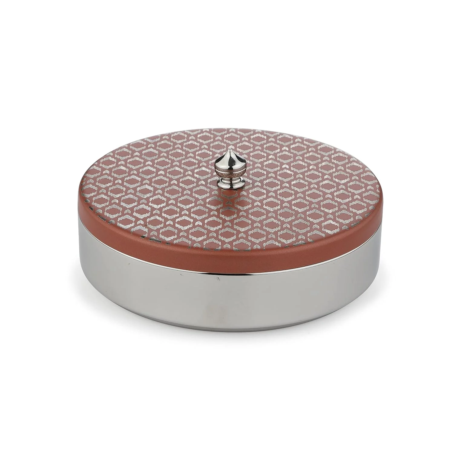 Designer Pink Stainless Steel Round Box With Lid - 480ml, Ikat Series | Tea Taper Dabara - Multipurpose Table Top Containers Jars - Image 3