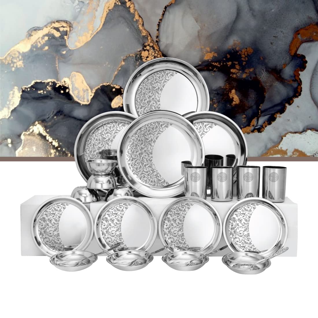Designer Stainless Steel Delight Laser Bloom Leaf Dinner Set Of 24 Pieces, Silver | 4 Dinner Plates+ 4 Side Plates+ 4 Glasses+ 4 Bowls+ 4 Pudding Bowls+ 4 Dessert Spoons - Image 2