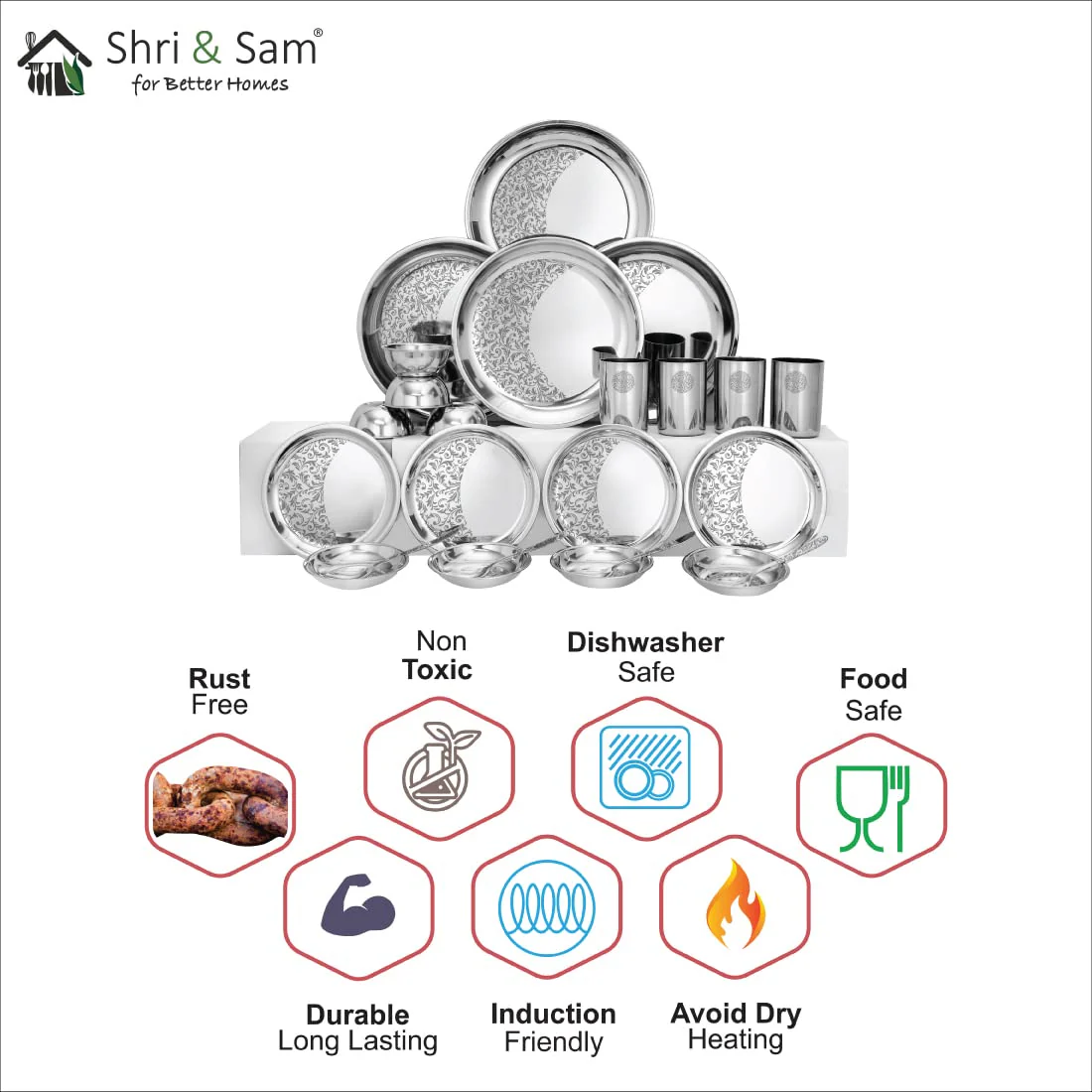 Designer Stainless Steel Delight Laser Bloom Leaf Dinner Set Of 24 Pieces, Silver | 4 Dinner Plates+ 4 Side Plates+ 4 Glasses+ 4 Bowls+ 4 Pudding Bowls+ 4 Dessert Spoons - Image 3