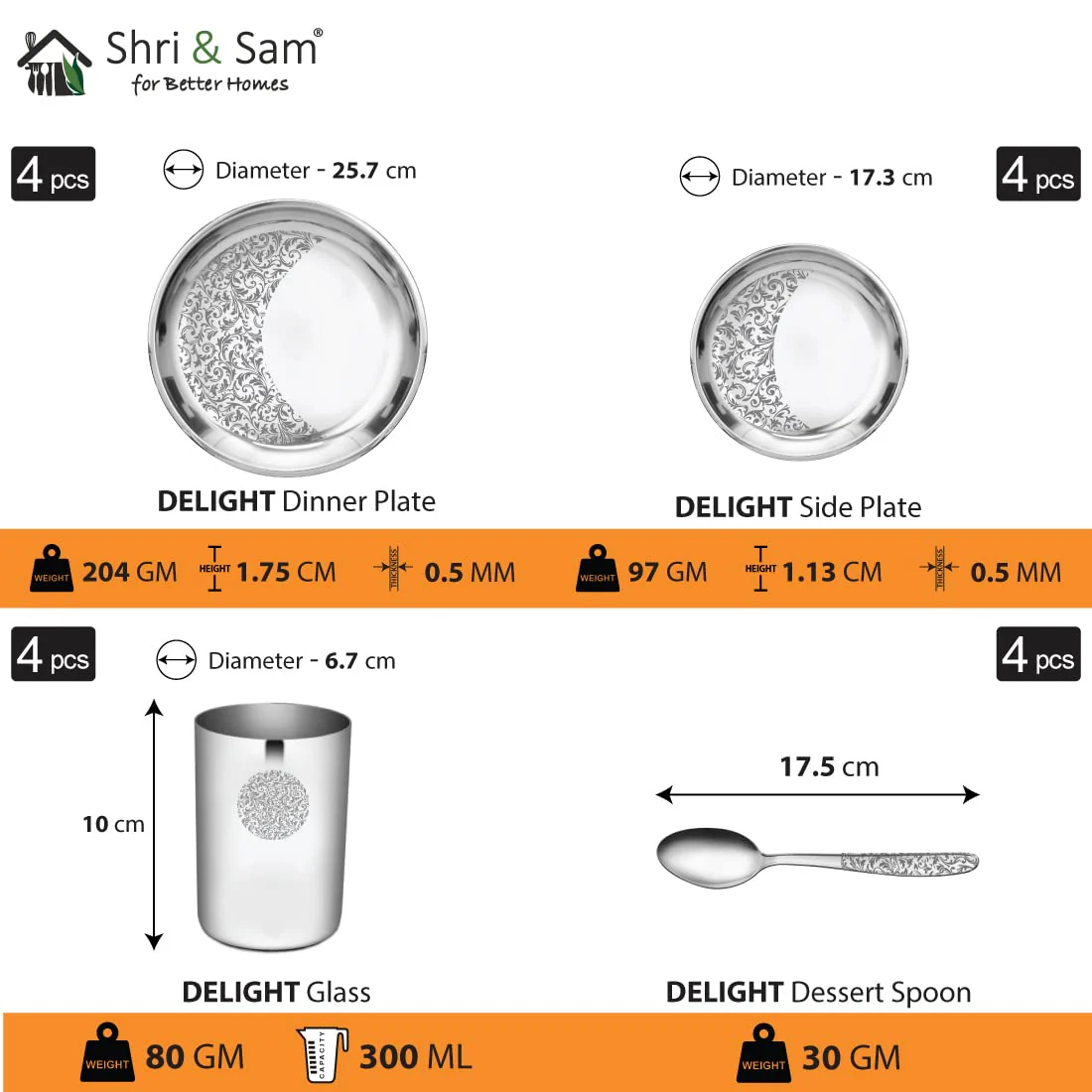 Designer Stainless Steel Delight Laser Bloom Leaf Dinner Set Of 24 Pieces, Silver | 4 Dinner Plates+ 4 Side Plates+ 4 Glasses+ 4 Bowls+ 4 Pudding Bowls+ 4 Dessert Spoons - Image 5
