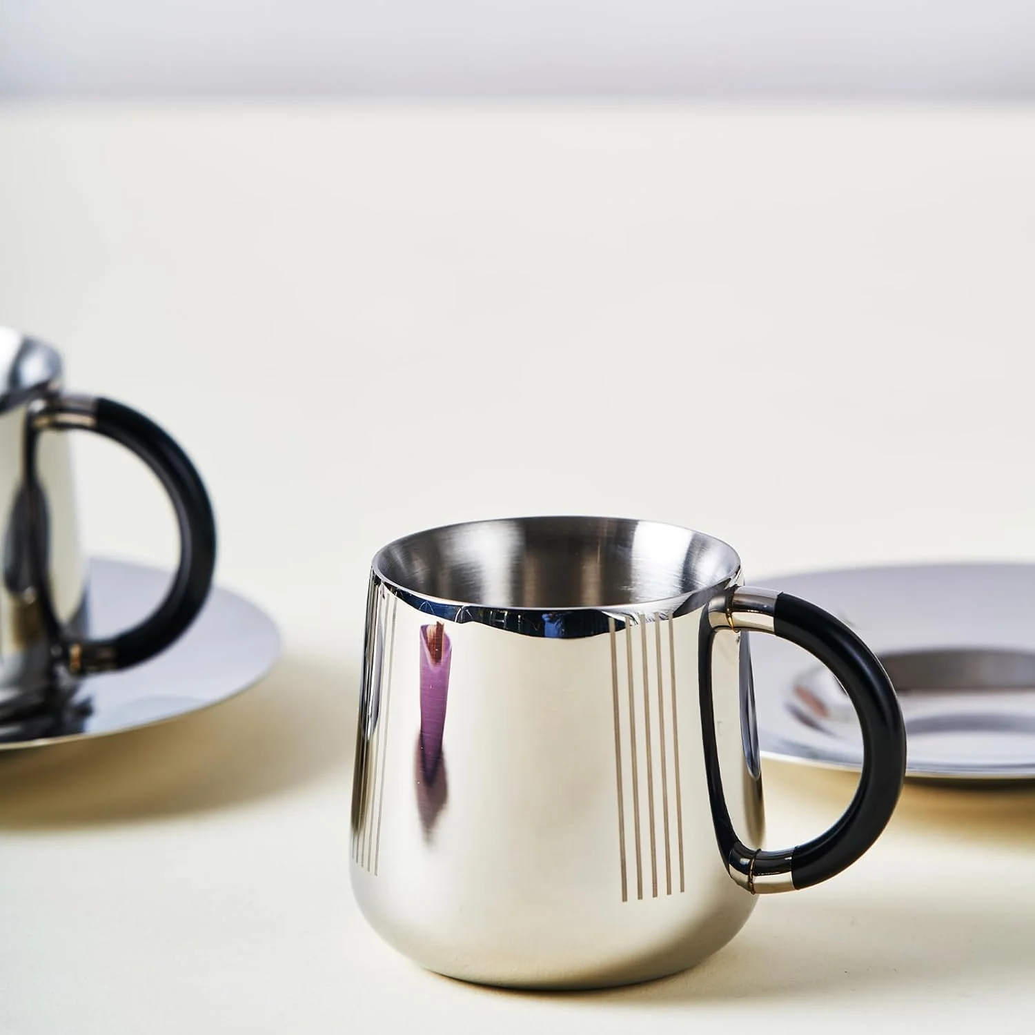 Designer Stainless Steel Fluted Cup & Saucer Set Of 2, Black & Chrome - Small, Deco Series | Double Walled Cup - Unbreakable Cups For Tea Coffee Mugs With Saucer | Serve Ware, Dinnerware & Tableware - Image 3